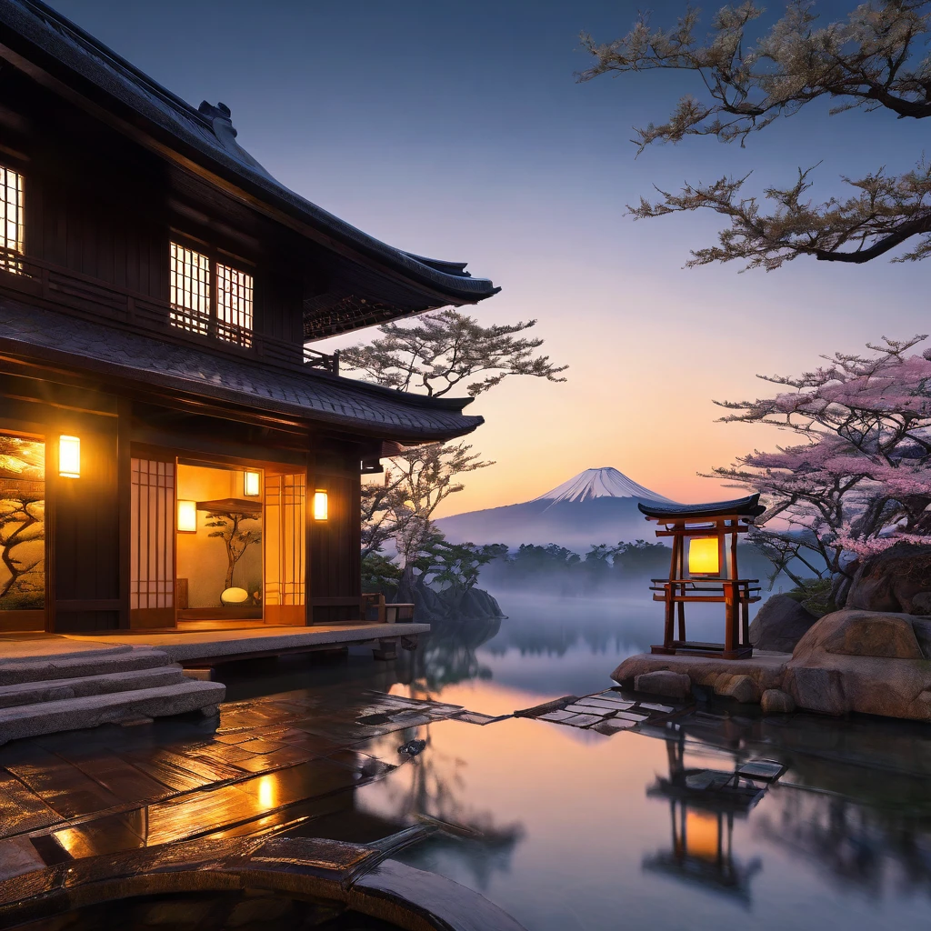 Otherworldly morning, calm feeling, good night, ancient Japan, appearing from the darkness((best quality, 8K, masterpiece: 1.3))