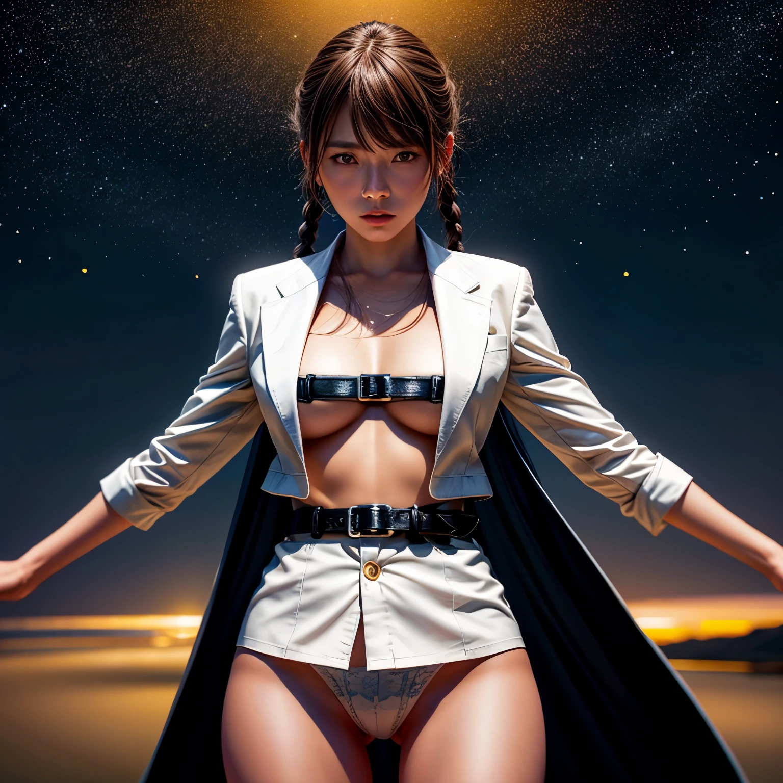 (((Misako Renbutsu)))Beautiful Young Female with (Twin Braids covering Bust) ((Flashing Crotch)) at ((Dusk City Street)), (extremely delicate and beautiful), Professional portrait, Semi-nude photography, (((Full Unbuttoned White Shirt with beltbra)Moe-Sleeves)Skinny Shorts), {(Tyndall effect)|lens flare|Haze|bokeh} ZoomLayer (Oodles Blurred Colorful Lights ((Starry particles))), (TopQuality Masterpiece of 8K Ultra-detailed DigitalPainting (by Jeremy Lipking))