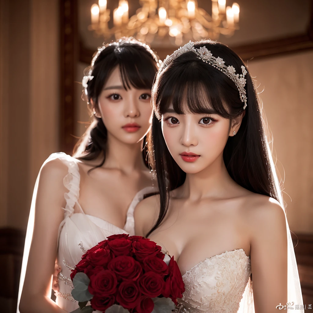 a pregnant korean woman wearing a red and white wedding dress, half of the dress is ripped, medium length black hair with bangs, beautiful detailed eyes, beautiful detailed lips, extremely detailed face, longeyes lashes, high quality, photorealistic, realistic, 8k, masterpiece, ultra-detailed, dynamic lighting, dramatic lighting, cinematic, elegant, dramatic