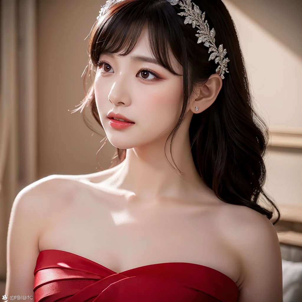 a pregnant korean woman wearing a red and white wedding dress, half of the dress is ripped, medium length black hair with bangs, beautiful detailed eyes, beautiful detailed lips, extremely detailed face, longeyes lashes, high quality, photorealistic, realistic, 8k, masterpiece, ultra-detailed, dynamic lighting, dramatic lighting, cinematic, elegant, dramatic