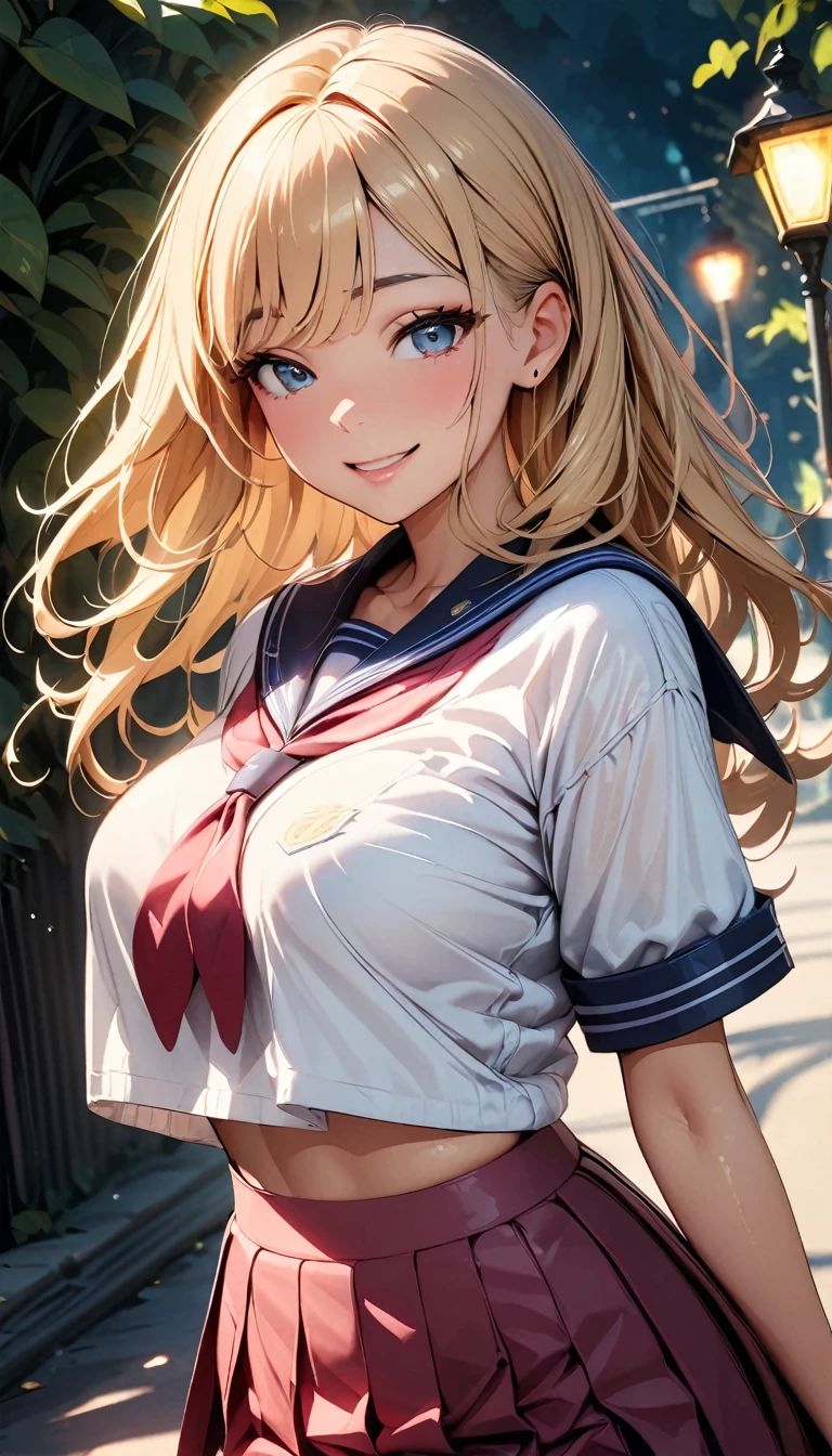 (Highest quality:1.24K, 8K, Very detailed, Latest, Vibrant, High detail, masterpiece:1.2, Highest quality, Best aesthetics), (((1 Girl))), JK, Sailor suit, Pleated skirt, Open your mouth slightly:1.2, smile, Dynamic Angle, Friendly atmosphere, Beautiful Hair, Shiny Hair, Beautiful Skin, Detailed face and eyes, Glossy Lips, Curvy Women, A park full of greenery, Colorful flowers, Street lamp light, Light and shadow with attention to detail, Background Blur.