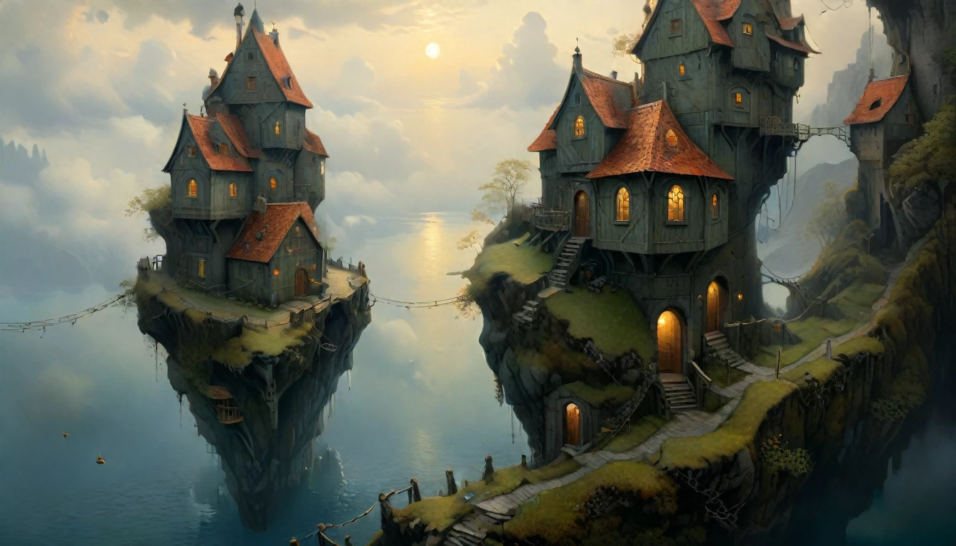 myst, by thomas kinkade, aron wiesenfeld y beksincki y adrianus eversen y gediminas pranckevicius y escher, Intricately refined textures, matte paint details, deep color, Fantastic, intricate details