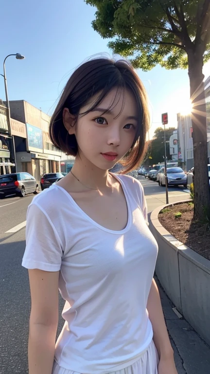 8k, artwork, Highest quality, Realistic, Very detailed, 1 girl, Realistic skin texture, ((垂れDownがった大きな胸:1.4)), (Plain white T-shirt),sexy, Erect transparent nipples, Down , Micro Mini Skirt, , Cinema Lighting, Face Focus, Narrow eyes, Facial details, Bright Face, Light of the sun, Outdoor cafe in the background, Low angle shot, Downからの眺め
#Create a great background for your scene. The woman is posing confidently, Exudes elegance and dignity. Add a playful touch to a sophisticated look. The rooftops are shining with the warm city lights, The presence of bright neon lights dotting the horizon、The atmosphere increases。.。. 画像はHighest qualityです, シャープなフォーカスとVery detailedな機能, Capturing every nuance of a woman'Facial expressions and surroundings. The overall effect is realistic and immersive, HDR rendering enhances rich colors and textures.