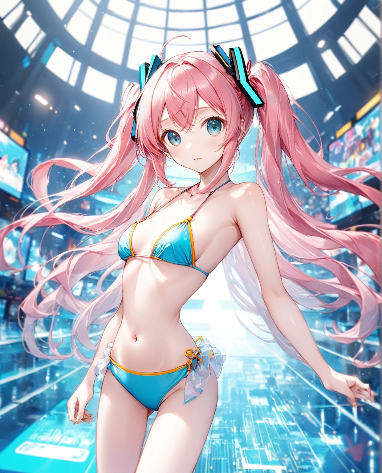 (Highest quality,8k,32K,masterpiece,Ultra-high resolution :1.2 ),born,One girl,Super cute,Natural light,Clear, shining eyes,20-year-old,Fair skin,Electronic world fantasy background,Pink Hair,Hatsune Miku-like costume,Swimwear,bikini