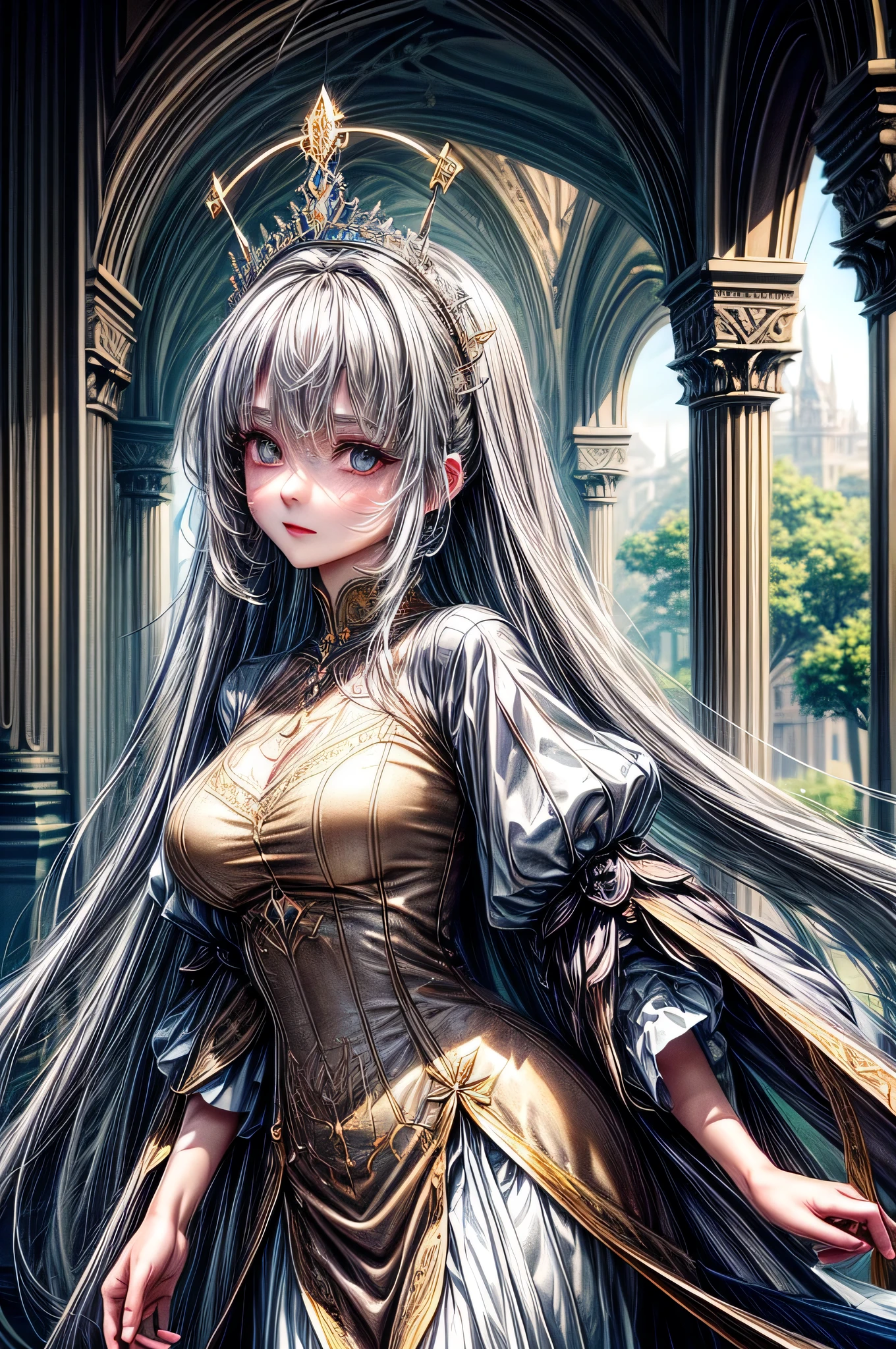 Create a highly detailed and ethereal portrait of "Alice, the Divine Entity." Alice is an ethereal figure with cascading white hair that frames her face, highlighting her serene and calm expression. Her eyes are a piercing gray, exuding a sense of deep wisdom and the ability to see beyond the physical realm. She wears elegant and vibrant dresses, exuding nobility and grace. Place Alice in a grand royal palace setting, with her regal posture and serene demeanor prominently featured, reflecting her divine royalty and tranquility.

Details:

Physical Appearance: Long, flowing white hair, calm and serene expression, gray eyes with a sense of otherworldly wisdom.
Attire: Elegant, vibrant dresses that convey nobility and grace.
Personality: Radiates calmness and tranquility, a beacon of hope and empathy, with an underlying formidable power and determination.
Setting: A majestic royal palace, with luxurious and ornate architecture, highlighting her reigned presence.
Atmosphere: The scene should feel both regal and serene, with a subtle, ethereal glow surrounding Alice to emphasize her divine nature.
Lighting: Soft, ambient lighting to enhance the serene and calm atmosphere, with gentle highlights on her features to accentuate her ethereal presence.
Color Palette: Use a mix of soft and vibrant colors that complement the elegance of her attire and the grandeur of the palace, with subtle hints of gold and white to emphasize her divine essence.
