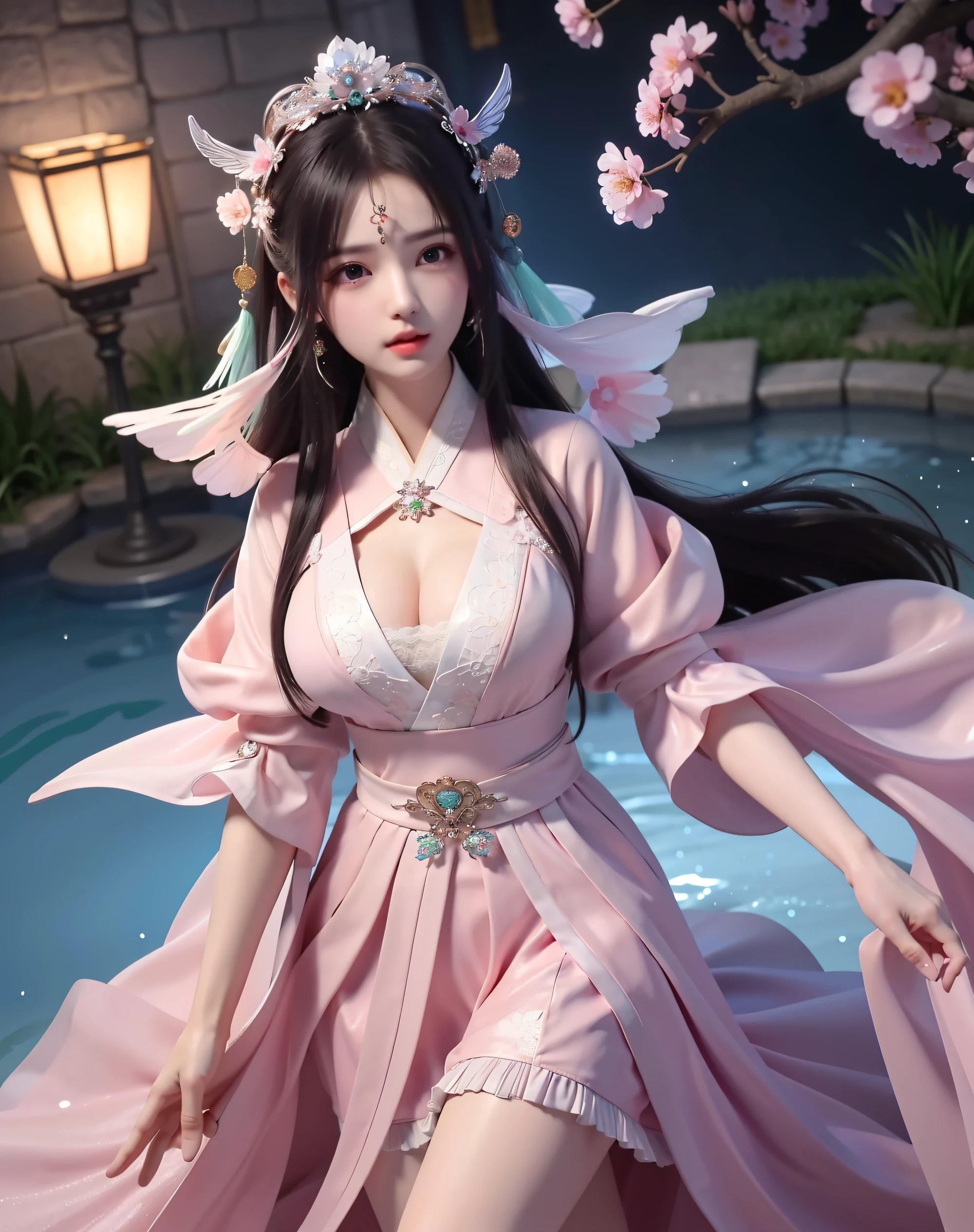 (8k, RAW photo:1.2), best quality, ultra high res,dramatic angle,(fluttered detailed color splashs), (illustration),(((1 girl))),(long hair),(rain:0.9), (Headdress:1.4),There is an ancient palace beside the girl,Hanfu,(Key Points),Color ink painting,(Splash of Color),Splash of Color,(((colorful))),(sketch:0.8) , Masterpiece, best quality, beautiful painted, highly detailed,(denoising:0.6),[splash ink],((ink refraction)), (beautiful detailed sky),moon,highly,detaild,(masterpiece, best quality, extremely detailed） CG Unity 8k Wallpaper，masterpiece，best quality，Ultra Detailed），（Lycoris）. hanfu open v open V-chested clothes Thin silk lace dress , (huge ，cleavage),, white pink and green，best qualtiy，tmasterpiece，Ultra-high resolution，（Reality：1.4），RAW photogr，（True skin texture：1.3），（filmgrain：1.3），（Selfie angle），1个Giant Breast Girl，（Spread your legs and do a naughty dynamic pose),  eye and face details，tmasterpiece，Best quality at best，，The chest more exposed， detailed hair, bra pink , detail 8k, upper body, lace petticoat