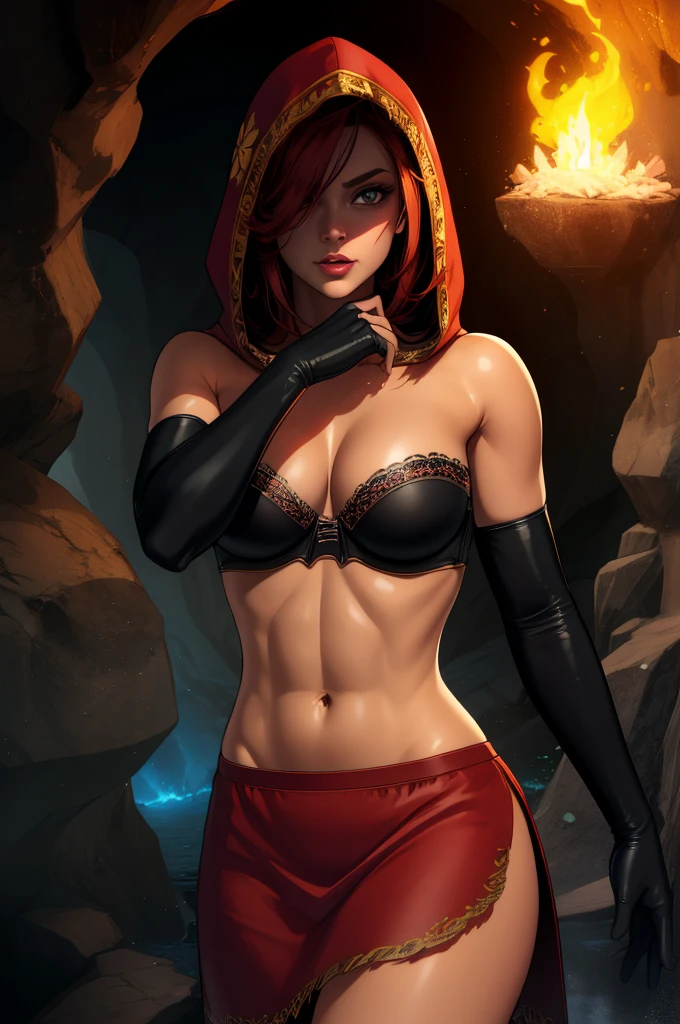 Dsorceress, redhair, shadowy face,dark cave, fire, hood, shadowed face, short strapless bra, slim and athletic body, miniskirt, no panty, elbow gloves, dark skin, 1 girl (insanely detailed, masterpiece, best quality)