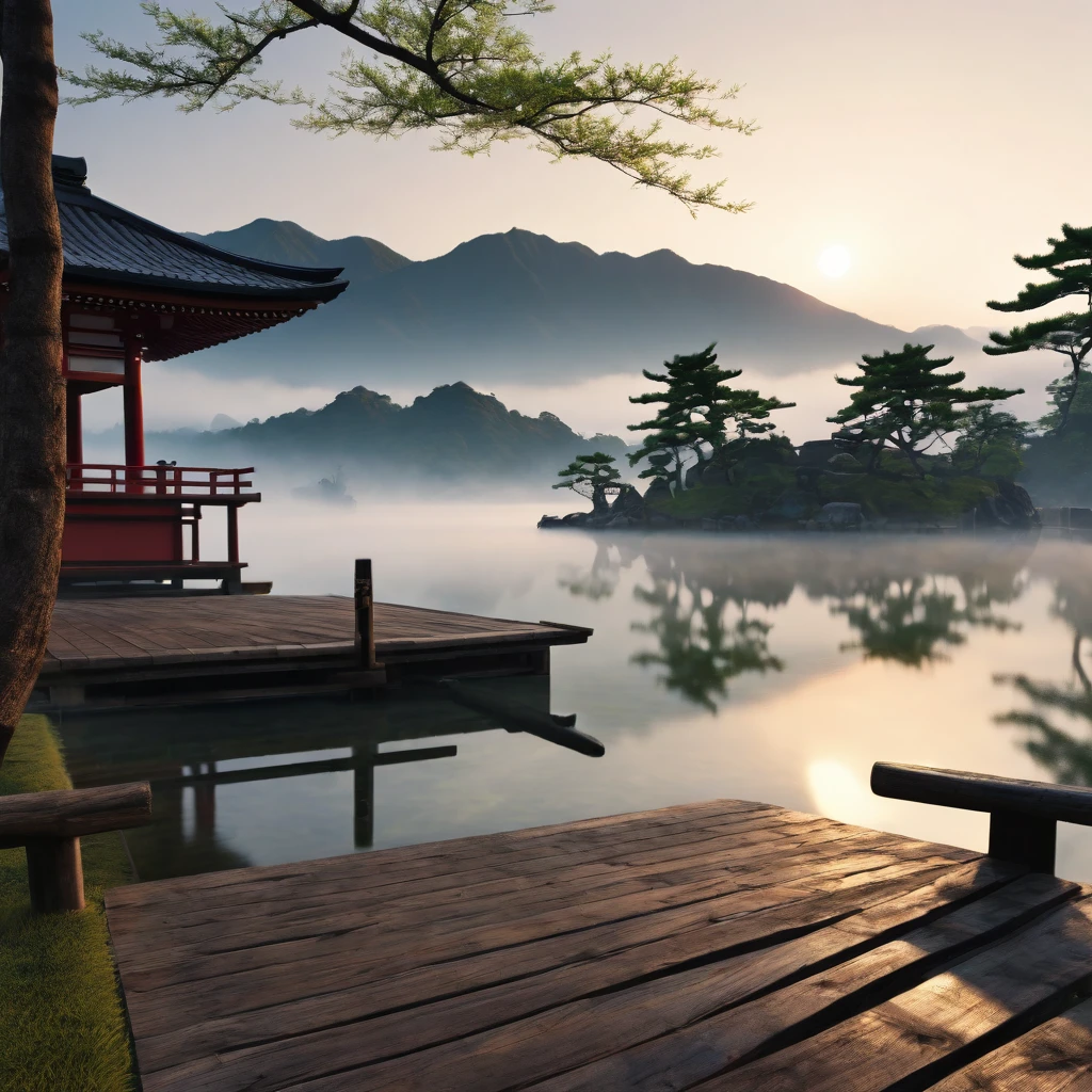 Otherworldly morning, calm feeling, good morning, ancient Japan, appearing from the darkness((best quality, 8K, masterpiece: 1.3))