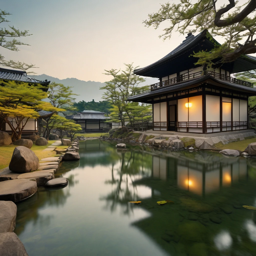 Otherworldly morning, calm feeling, good morning, ancient Japan, appearing from the darkness((best quality, 8K, masterpiece: 1.3))