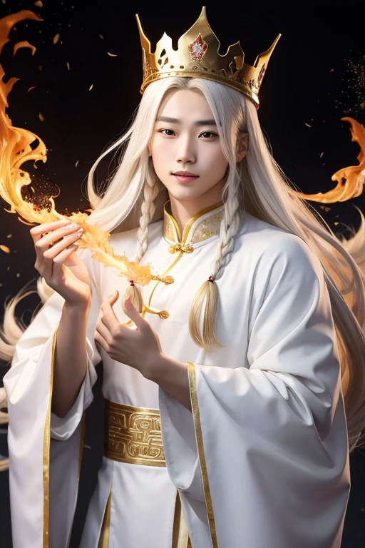 chinese person, wearing white ancient costume, LONG BLONDE HAIR, enveloped in flames, good-looking and youthful male, with a small silver and diamond crown