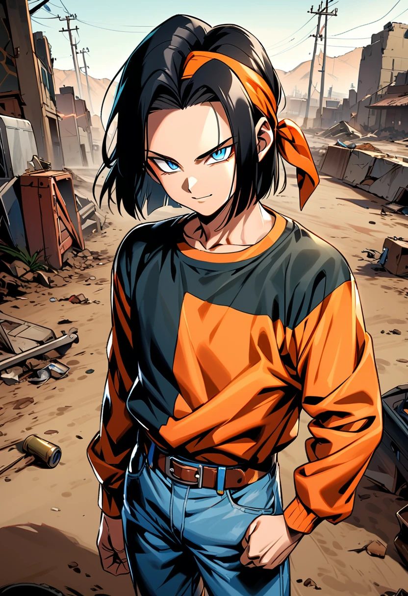 (masterpiece), best quality, expressive eyes, perfect face, highres, android 17,solo,black hair,blue eyes,pants,1boy,male focus,belt, bandana,shirt,denim,standing, slight smile, looking at you, wasteland