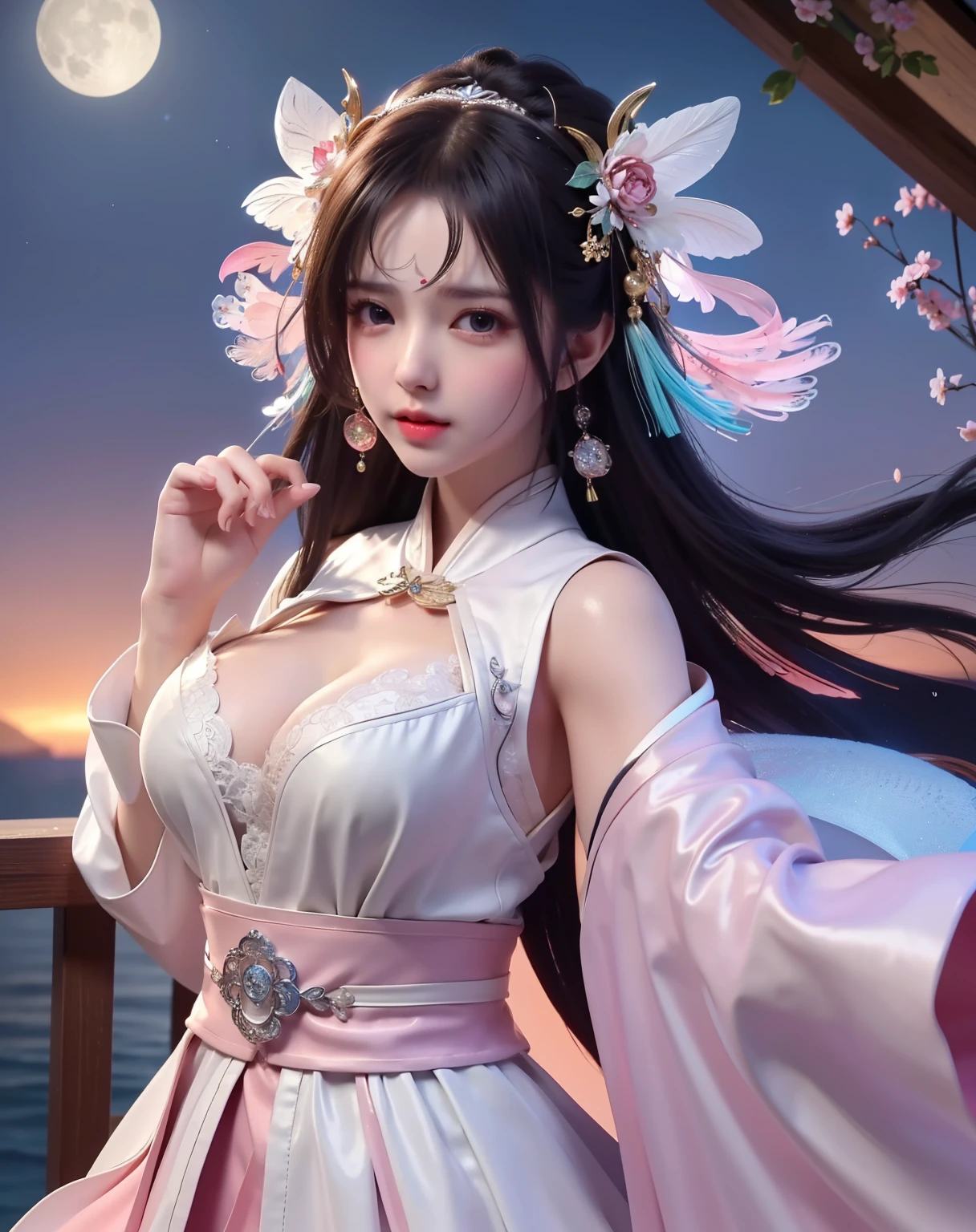 (8k, RAW photo:1.2), best quality, ultra high res,dramatic angle,(fluttered detailed color splashs), (illustration),(((1 girl))),(long hair),(rain:0.9), (Headdress:1.4),There is an ancient palace beside the girl,Hanfu,(Key Points),Color ink painting,(Splash of Color),Splash of Color,(((colorful))),(sketch:0.8) , Masterpiece, best quality, beautiful painted, highly detailed,(denoising:0.6),[splash ink],((ink refraction)), (beautiful detailed sky),moon,highly,detaild,(masterpiece, best quality, extremely detailed） CG Unity 8k Wallpaper，masterpiece，best quality，Ultra Detailed），（Lycoris）. hanfu open v open V-chested clothes Thin silk lace dress , (huge ，cleavage),, white pinkand gren，best qualtiy，tmasterpiece，Ultra-high resolution，（Reality：1.4），RAW photogr，（True skin texture：1.3），（filmgrain：1.3），（Selfie angle），1个Giant Breast Girl，Beautiful eye and face details，tmasterpiece，Best quality at best，，The chest more exposed， detailed hair, bra pink , detail 8k, upper body, lace petticoat