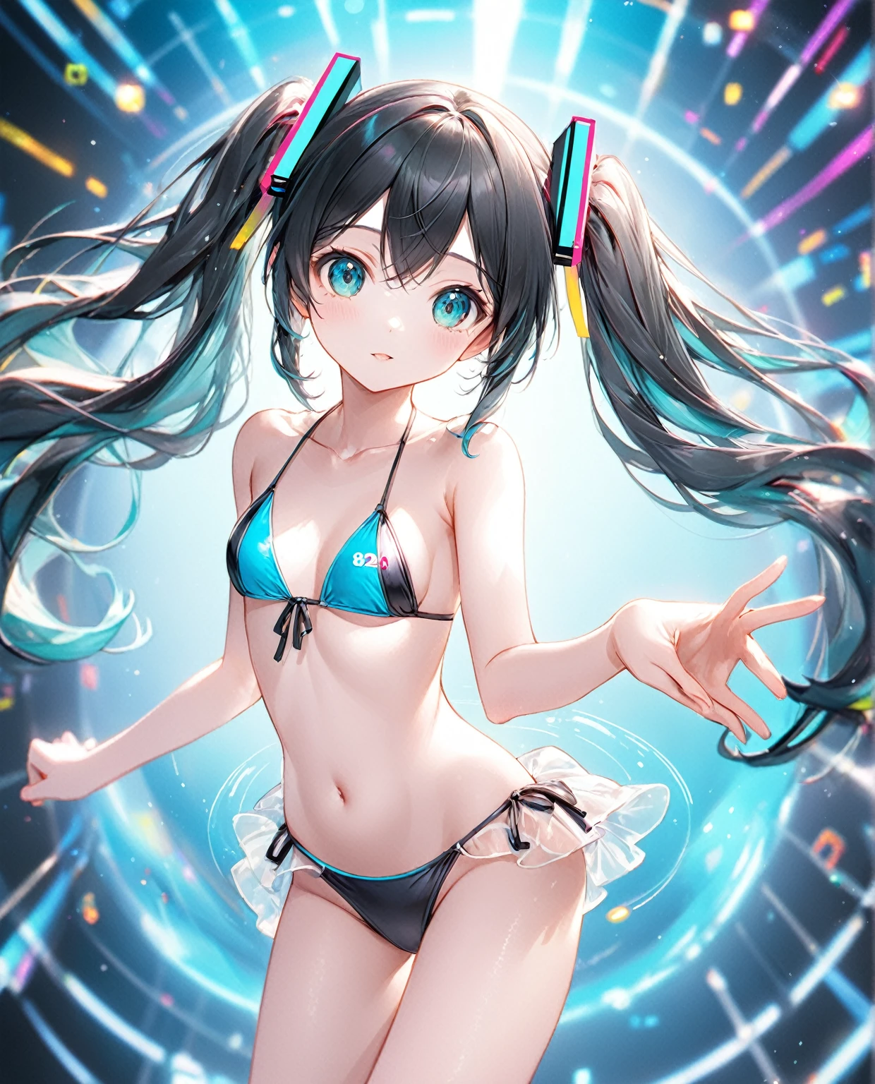 (Highest quality,8k,32K,masterpiece,Ultra-high resolution :1.2 ),born,One girl,Super cute,Natural light,Clear, shining eyes,20-year-old,Fair skin,Electronic world fantasy background,Black Hair,Hatsune Miku-like costume,Swimwear,bikini