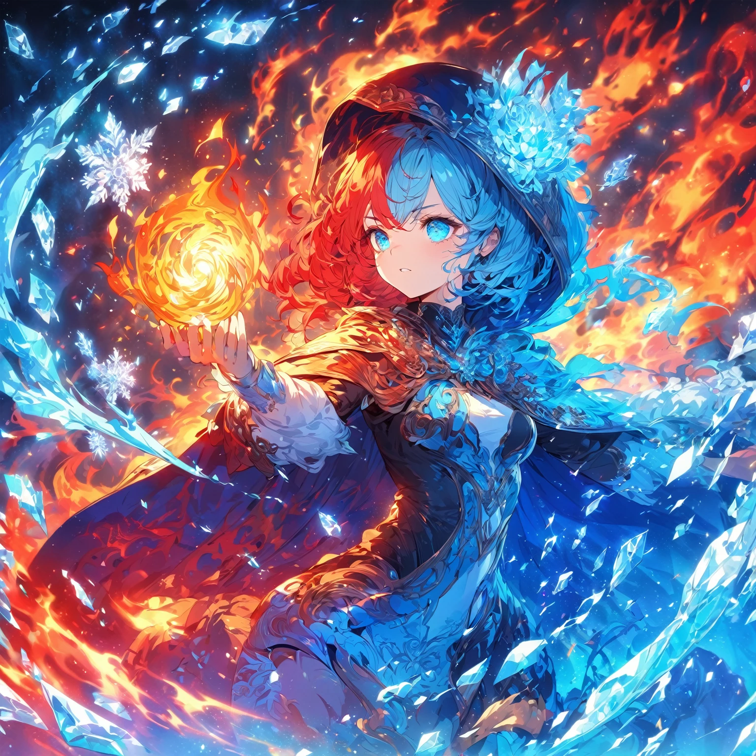 A  lady with blue and red hair, wearing a dark hooded cloak with intricate golden patterns, holding a burning fire in her hand, medium breasts, thick, form-fitting bodysuit, (nude:0.9), NSFW, surrounded by swirling flames and ice crystals, dressed in a detailed outfit with blue and white accents, displaying a determined expression, standing against a dark background illuminated by the fiery and icy elements , detailed gorgeous face| anime style| key visual| intricate detail| highly detailed| breathtaking| vibrant| panoramic| cinematic| Carne Griffiths| Conrad Roset| gibbli 8k