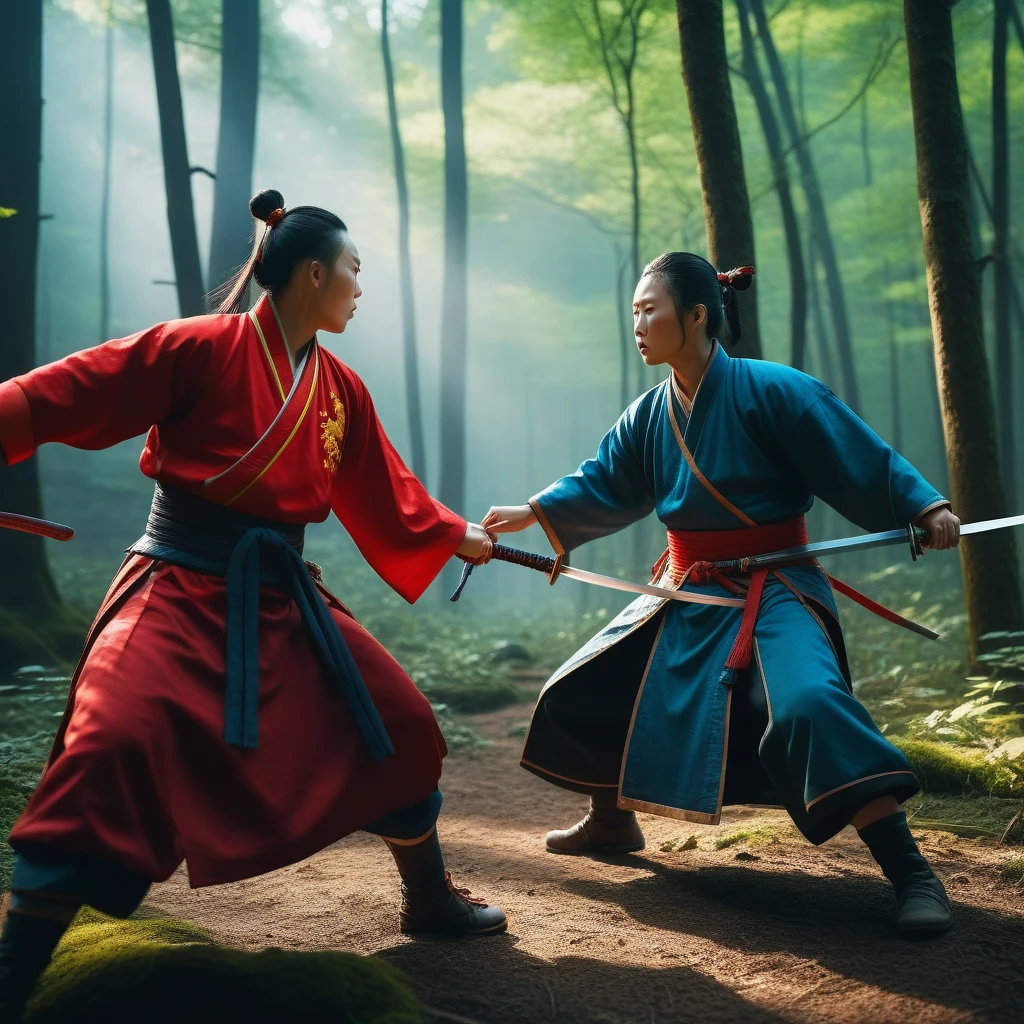 A realistic image of a , 4k, 8k, 16k, Volumetric Lighting, full picture, highly detailed lighting, dramatic atmosphere, clear skies, beautiful scenery, in a forest, near a huge chinese village, 2 chinese people dressed in chinese clothes are fighting with swords