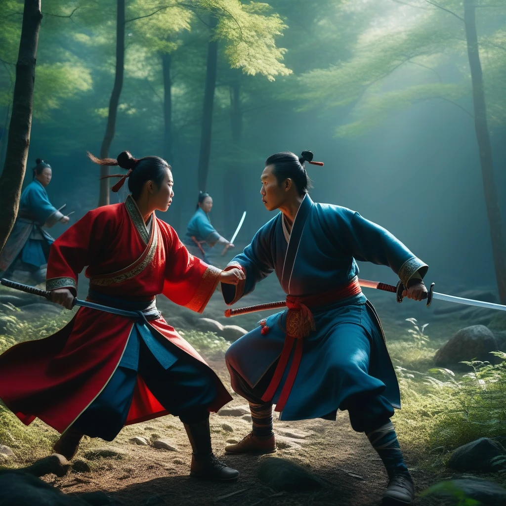 A realistic image of a , 4k, 8k, 16k, Volumetric Lighting, full picture, highly detailed lighting, dramatic atmosphere, clear skies, beautiful scenery, in a forest, near a huge chinese village, 2 chinese people dressed in chinese clothes are fighting with swords