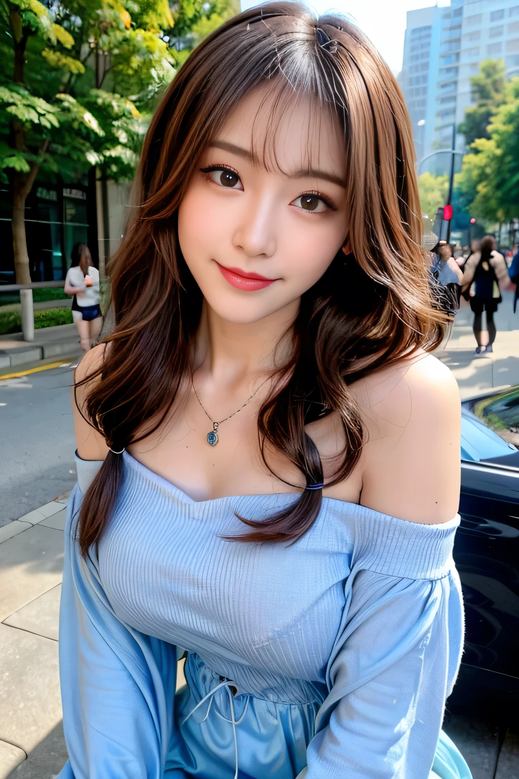 seed;2372725988,((Full Body Angle))、((Front hair:1.3))、((Highest quality, 8k, masterpiece: 1.3)), concentrated: 1.2, Cute girl 1,Nipples erect、 Perfect beauty: 1.4,Summer off-the-shoulder cropped T-shirt、Letter Print、Shorts: 1.2,Long sleeve、Randall Color、comics＆Text Graphics、Black ruffle-trimmed drawstring zip blouse,1.1, Highly detailed face and skin textures, Fine grain, double eyelid, whitening skin, ,Highest quality,Ultra-high resolution,you,1 girl,alone,_Shiny_skin,Iris,necklace,((brown_length_Wavy_hair)),(lips)),eyelash,Front hair,deal with,compensate,Shiny,pore,skin,Large Breasts、((smiling face))、stroll、Selfie、