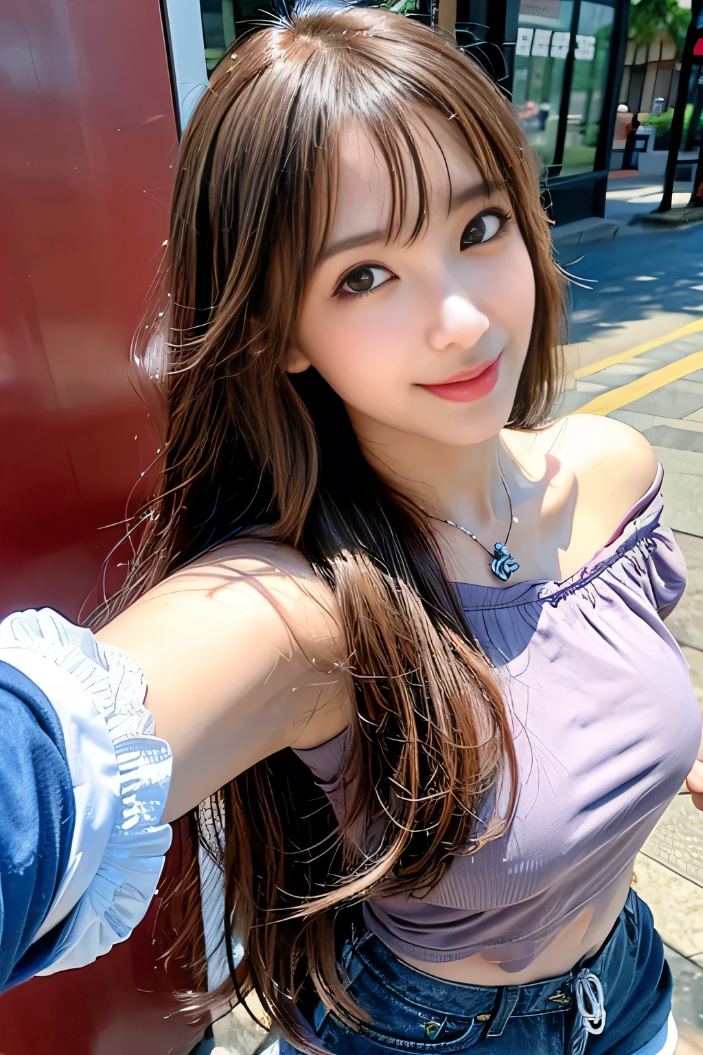 seed;2372725988,((Full Body Angle))、((Front hair:1.3))、((Highest quality, 8k, masterpiece: 1.3)), concentrated: 1.2, Cute girl 1,Nipples erect、 Perfect beauty: 1.4,Summer off-the-shoulder cropped T-shirt、Letter Print、Shorts: 1.2,Long sleeve、Randall Color、comics&Text Graphics、Black ruffle-trimmed drawstring zip blouse,1.1, Highly detailed face and skin textures, Fine grain, double eyelid, whitening skin, ,Highest quality,Ultra-high resolution,you,1 girl,alone,_Shiny_skin,Iris,necklace,((brown_length_Wavy_hair)),(lips)),eyelash,Front hair,deal with,compensate,Shiny,pore,skin,Large Breasts、((smiling face))、stroll、Selfie、