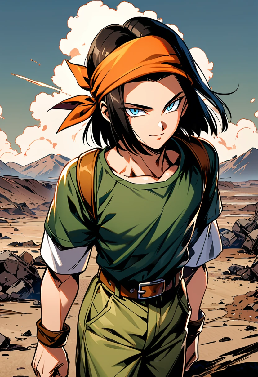 (masterpiece), best quality, expressive eyes, perfect face, highres, android 17,solo,black hair,blue eyes,pants,1boy,male focus,belt, bandana,shirt,denim,standing, slight smile, looking at you, wasteland