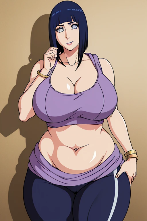 1girl, thick thighs, luxury model, putting on jewelry, Curvy figure, plump,stylish high class aesthetic, wide hips, contemporary professional makeup, eyeshadow, eyeliner, lipstick, expensive heels, tight, Tanktop with cleavage and open navel, gradient hair, dark blue hair, half ear lenght Bob hair, hyuuga_hinata inoue orihime, tight blue yoga pants,  photoshoot,  (masterpiece, best quality, high quality, high detail, detailed face, detailed eyes, detailed body),Hoopa earring,Gold chain Necklace,Wedding ring,Gold bracelet,Long nail,Mature,Kumogakure symbol,Bloated belly,Soft expression,Smile