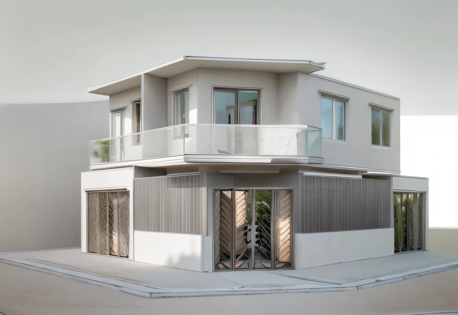 Minimalist house exterior, mix with modern style, clean lines, open space, neutral color palette, natural light, gray accents, Zen ambiance, natural materials, realistic, Photography by Canon EOS M6 Mark II, at f/8 aperture and ISO film speed, lens fisheye, see all of house, from an eye-level angle of view in warm sunlight at midday --ar 9:16 --v 6.0