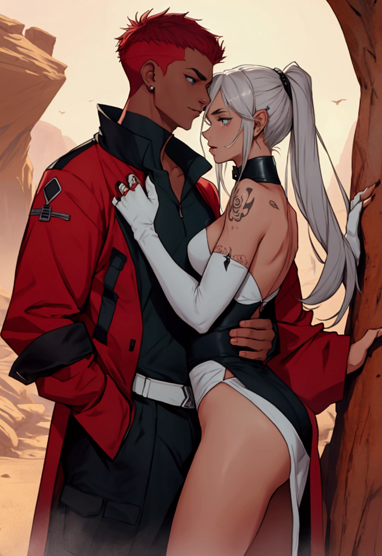 Sure! Here’s the description of the Martian couple in English:
## A Martian Couple:
**Male:**
* **Skin:** Bright green with fine scales that give a rough appearance.
* **Head:** Large and elongated, with a slightly sloped skull.
* **Eyes:** Intense red with vertical pupils that dilate in the dark.
* **Mouth:** Large mouth with sharp teeth and a forked tongue.
* **Nose:** Small and pointed, almost imperceptible.
* **Ears:** Two small protrusions on the sides of the head, with membranes sensitive to vibrations.
* **Body:** Muscular and strong, with a broad torso and long, agile limbs.
* **Details:** Has three fingers on each hand, with sharp claws.
**Female:**
* **Skin:** White and smooth, with a subtle pearlescent tone.
* **Head:** Round and small, with delicate facial features.
* **Eyes:** Intense red with round pupils that dilate in the dark.
* **Mouth:** Small mouth with thin lips and small teeth.
* **Nose:** Small and pointed, almost imperceptible.
* **Ears:** Two small protrusions on the sides of the head, with membranes sensitive to vibrations.
* **Body:** Slender and curvy, with a narrow waist and wide hips.
* **Details:** Has four fingers on each hand, with fine and sharp nails.
**Pose:** The male has one arm around the female's waist, protecting her. She leans against him with an expression of love and trust.
**Environment:** A Martian desert landscape, with red mountains and an orange sky.
**Additional Details:**
* The male might have a bony crest on his head or a series of protrusions on his skin.
* The female could be wearing a collar made of metal or precious stones around her neck.
* Both may have tribal markings or tattoos on their skin.
**I hope this description helps you create a beautiful and unique image of a Martian couple!**