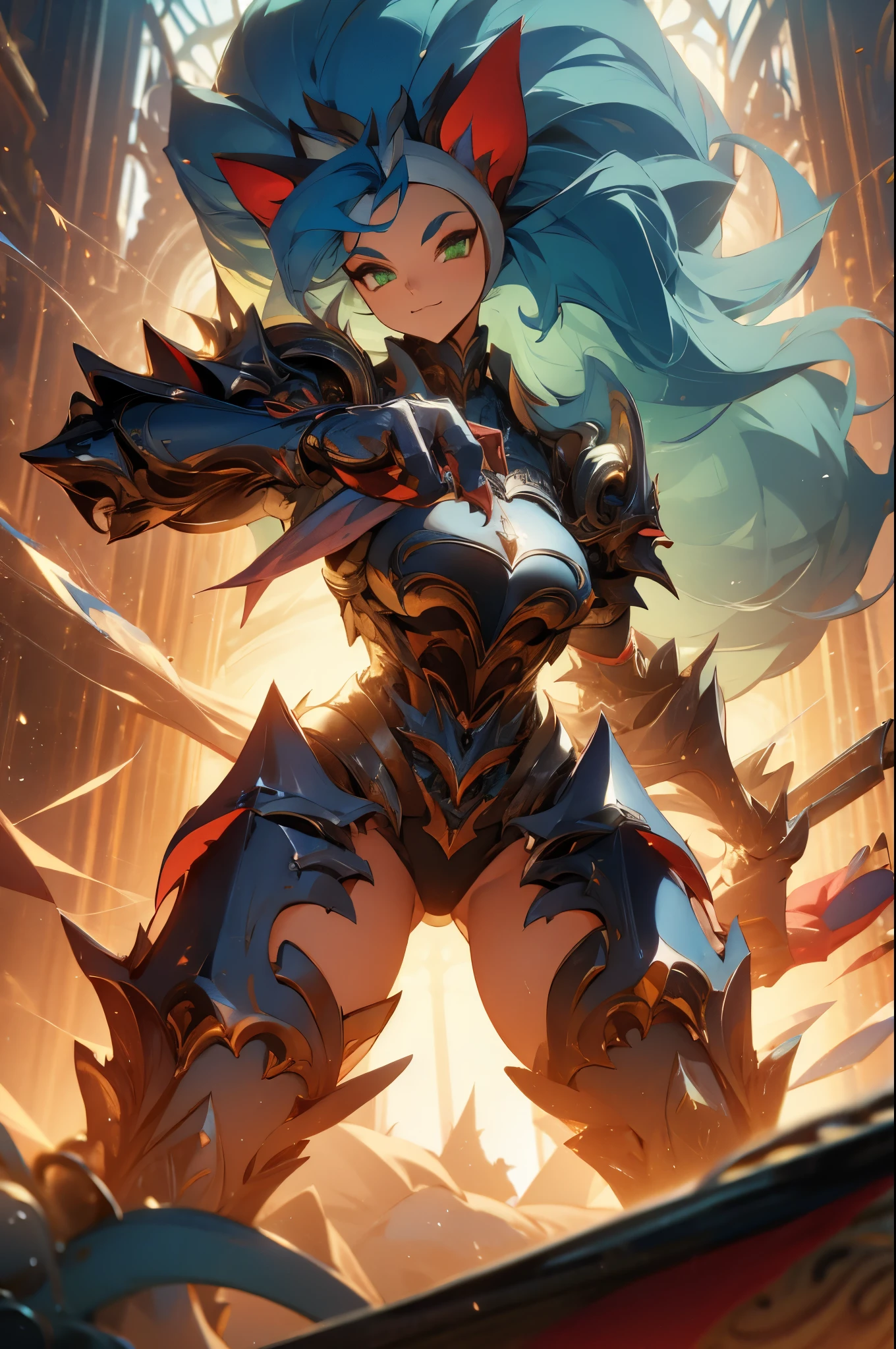 ((Masterpiece, Best Quality, anime style)), Felicia, Blue hair, Green eyes, cat eyes, Cat tail, busty, big breasts, big ass, happy, smile, kicking, giving a kick, with white plate armor, gauntlets armors, graves armors, lewd, in a medieval city, illustration, ultra-detailed 8K, clear focus, highly detailed, professional lighting, colorful details, colors BREAK,