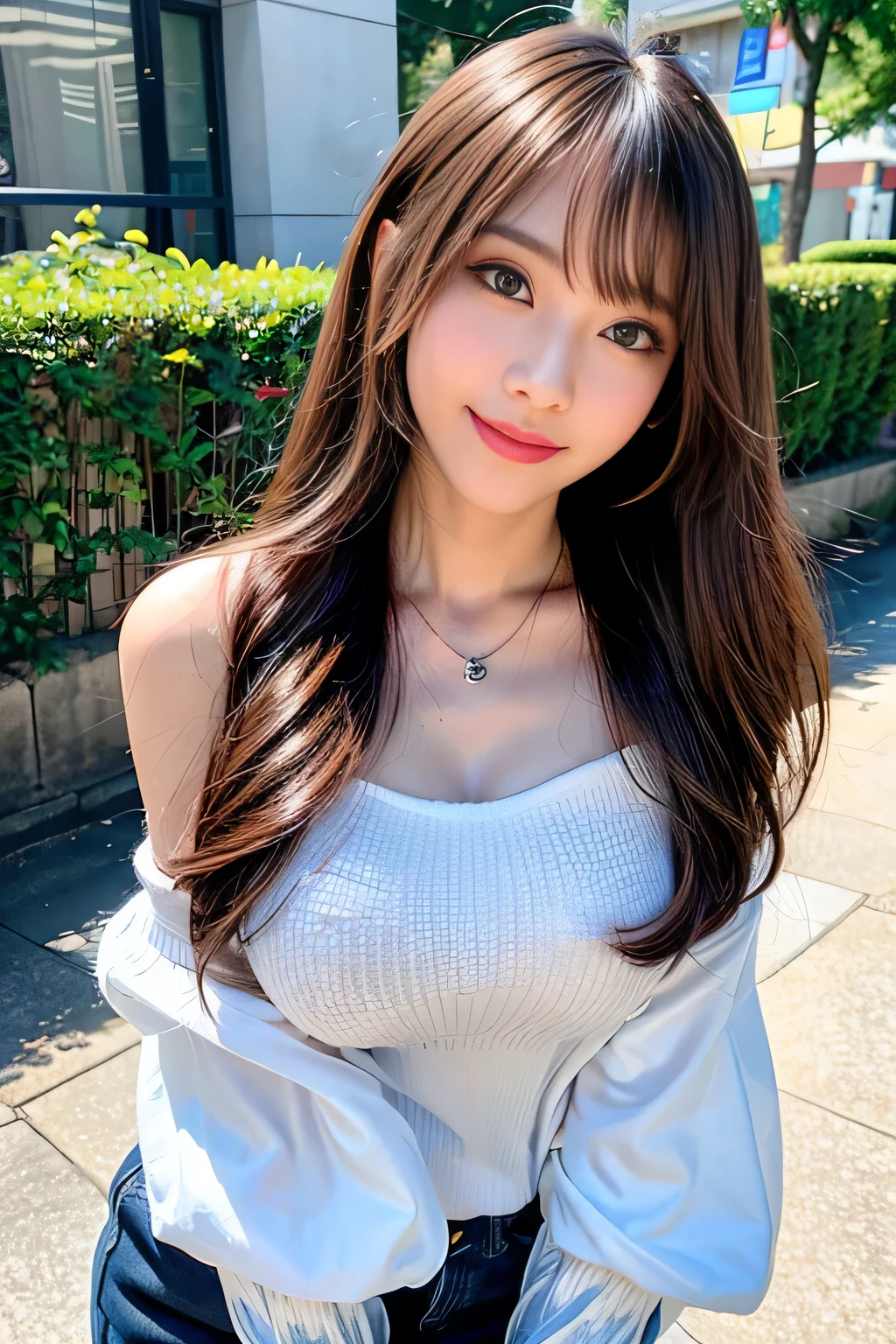 seed;2372725988,((Full Body Angle))、((Front hair:1.3))、((Highest quality, 8k, masterpiece: 1.3)), concentrated: 1.2, Cute girl 1,Nipples erect、 Perfect beauty: 1.4,Summer off-the-shoulder cropped T-shirt、Letter Print、Shorts: 1.2,Long sleeve、Randall Color、comics&Text Graphics、Black ruffle-trimmed drawstring zip blouse,1.1, Highly detailed face and skin textures, Fine grain, double eyelid, whitening skin, ,Highest quality,Ultra-high resolution,you,1 girl,alone,_Shiny_skin,Iris,necklace,((brown_length_Wavy_hair)),(lips)),eyelash,Front hair,deal with,compensate,Shiny,pore,skin,Large Breasts、((smiling face))、stroll、Selfie、