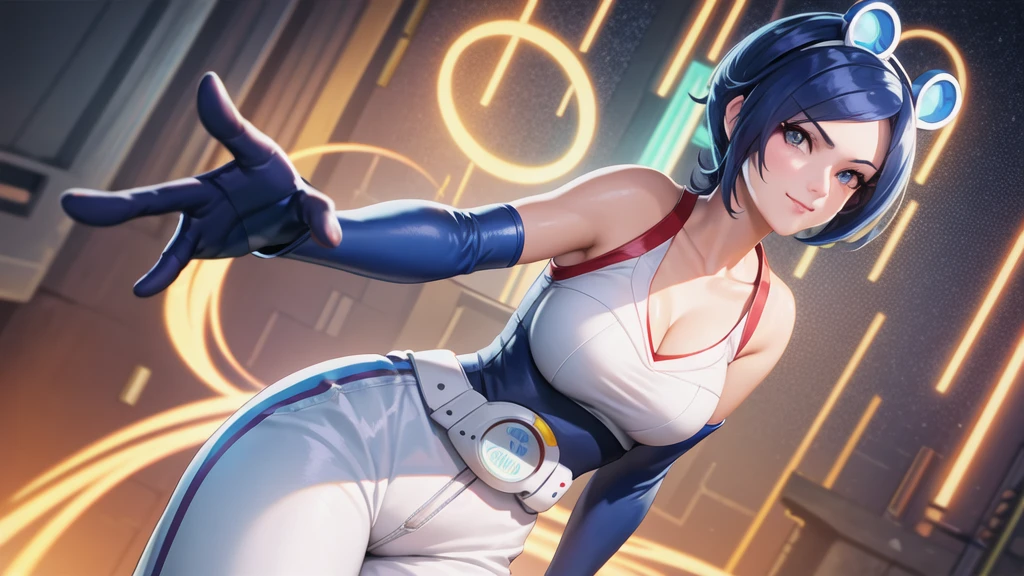 (at night), in a video game scene, a background of a beautiful city during the day raining, standing at attention, semi-short blue hair, blouse with an anime frog face, white flared pants, wearing blue fingerless exercise gloves, has round goggles on her head, huge belt with a round eyeglass, ((blue hair)), 1 girl, alone, 20 years old, young woman, perfect hands, beautiful fingers, beautiful long legs, beautiful body, beautiful nose, beautiful design of characters, perfect face, looking at the viewer with serious gesture (focusing on his face), closed mouth, Light_Smile, official art, extremely detailed CG unity 8k wallpaper, perfect lighting, bright and colorful front lighting, glowing skin (masterpiece : 1.0), (best_quality: 1.0), ultra high resolution, 4K, ultra detailed photography, 8K, HDR, high resolution, nonsense:1.2, Kodak portra 400, film grain, background blur, bokeh:1.2, lens flare, (vibrant_color:1.2), professional photography, (beautiful_face: 1.5), (narrow waist),