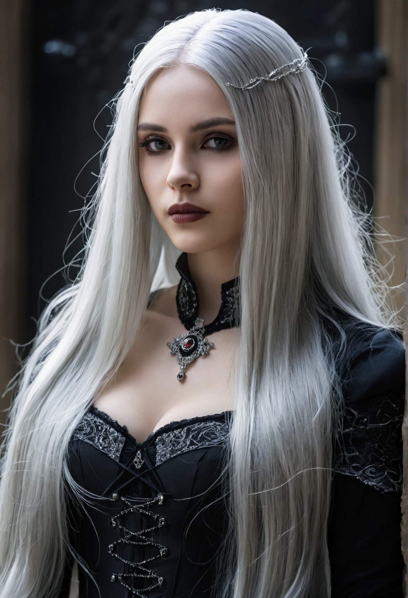 beautiful, (masterpiece:1.2), (best quality:1.2) Beautiful young woman, Long silver hair, Female perfect cell, goth, cell,