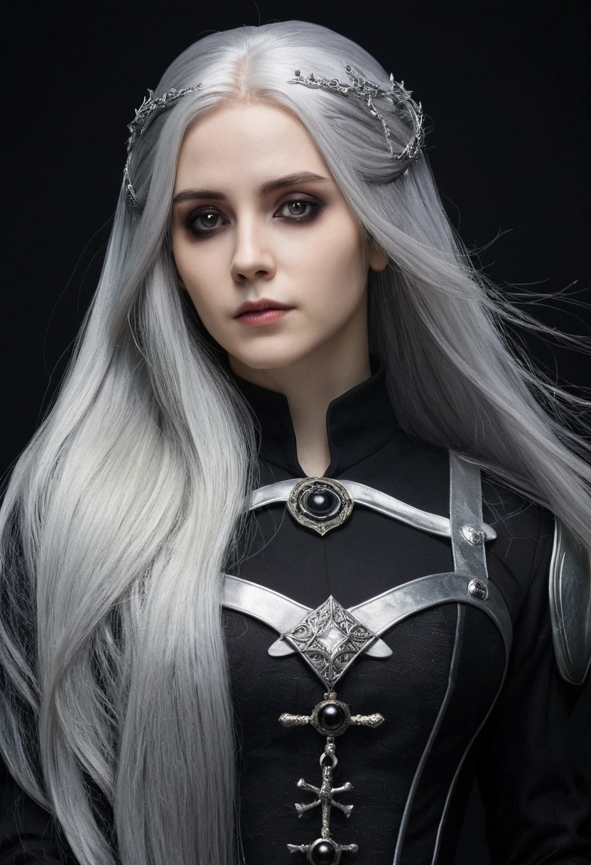 beautiful, (masterpiece:1.2), (best quality:1.2) Beautiful young woman, Long silver hair, Female perfect cell, goth, cell,