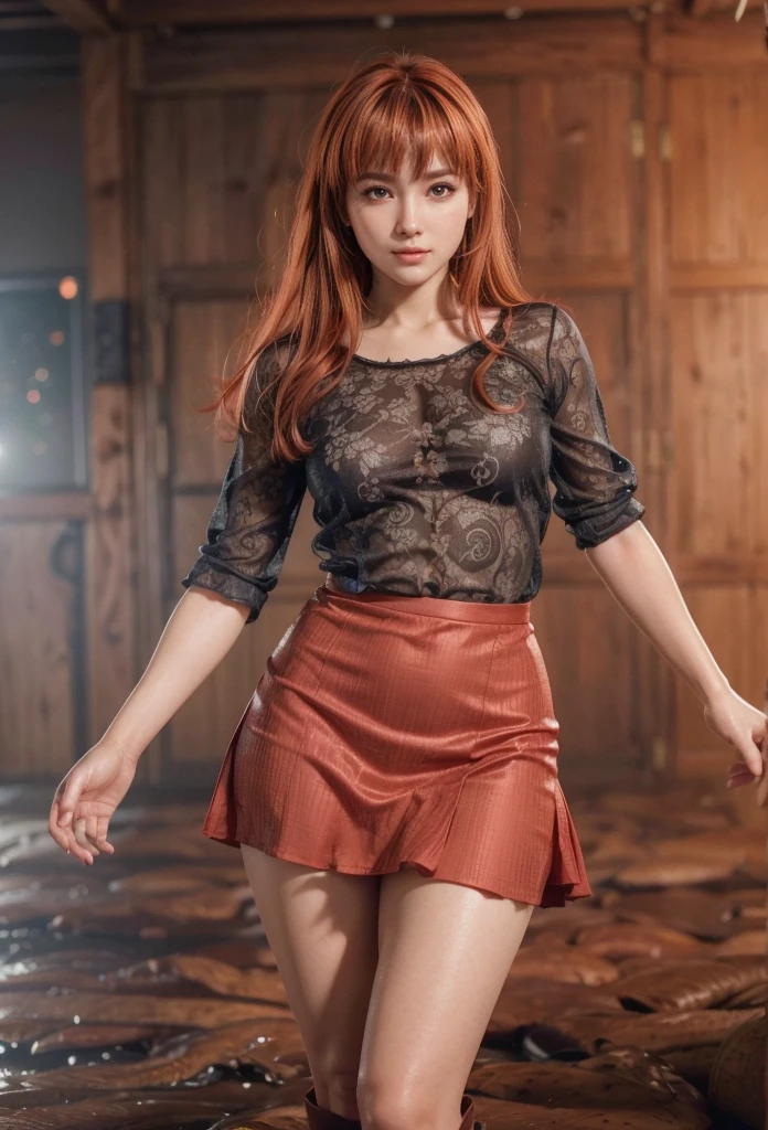 Kasumi, brown eyes, Red Hair, (best quality, ultra detail), (realistic:1.37), beautiful and detailed face, ultra-realistic texture, Delicate face, delicate body, red lipstick, bright colors. high definition, 8K. a soft, beautiful smile