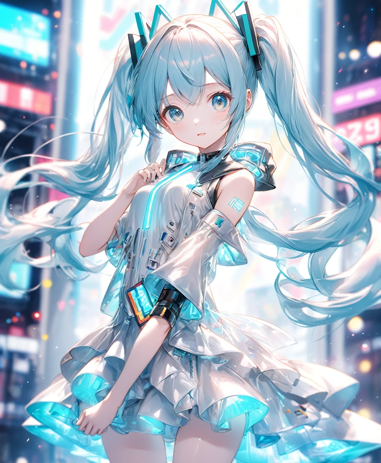 (Highest quality,8k,32K,masterpiece,Ultra-high resolution :1.2 ),born,One girl,Super cute,Natural light,Clear, shining eyes,20-year-old,Fair skin,Electronic world fantasy background,Light blue hair,Hatsune Miku-like costume,