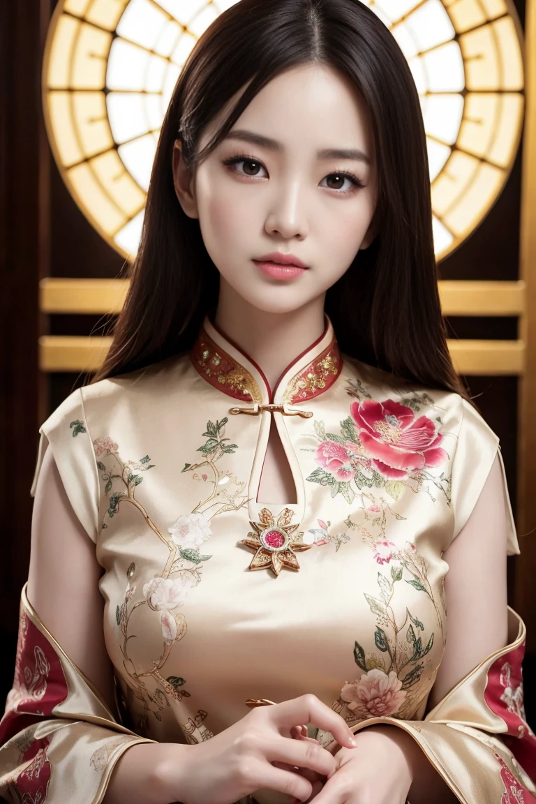 A beautiful Chinese woman in traditional ancient Chinese dress, detailed facial features, long eyelashes, glossy lips, porcelain skin, graceful pose, dramatic lighting, cinematic composition, vibrant colors, fantasy, intricate patterns, luxurious fabrics, oil painting style, cinematic, dramatic, elegant, chiaroscuro lighting, volumetric lighting, volumetric light rays, highly detailed, photorealistic, 8K, masterpiece