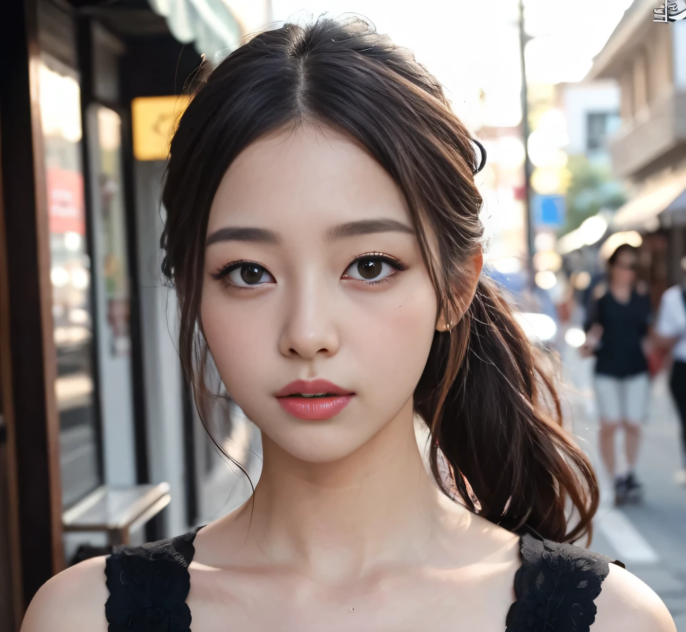 (8k、 highest quality、 masterpiece、 Realistic、 Very detailed:1.3)、(Photorealistic:1.2)、((Beautiful Korean Women))、One Woman、Medium Hair、ponytail、Bronze Hair、Black eyes are small、Street Snap、18-year-old、cute、Ulzzang Makeup