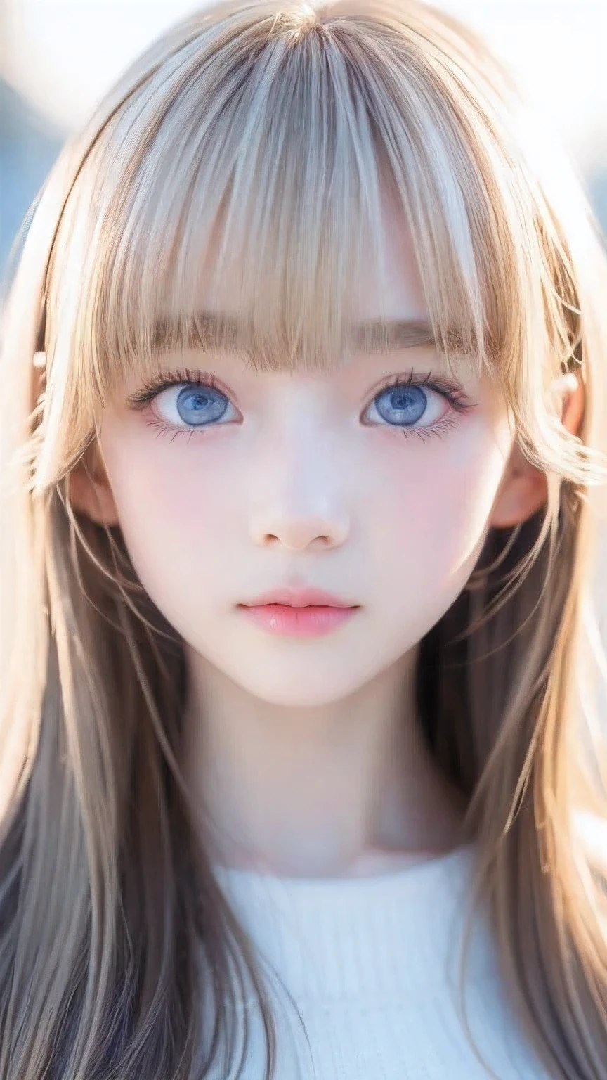 Very beautiful face、Long bangs flowing in front of the face、Beautiful pale light blue eyes hidden by her bangs、Very cute beautiful face and very radiant skin、Bangs between the eyes、snow-white beautiful skin、very beautiful pale light blue eyes,、Beautiful very long straight silky pale golden shiny natural platinum blonde hair、Cute  blonde beauty、Round face、Such a cute little face、Bright expression、Big eyes and well-defined double eyelids、eyeliner、