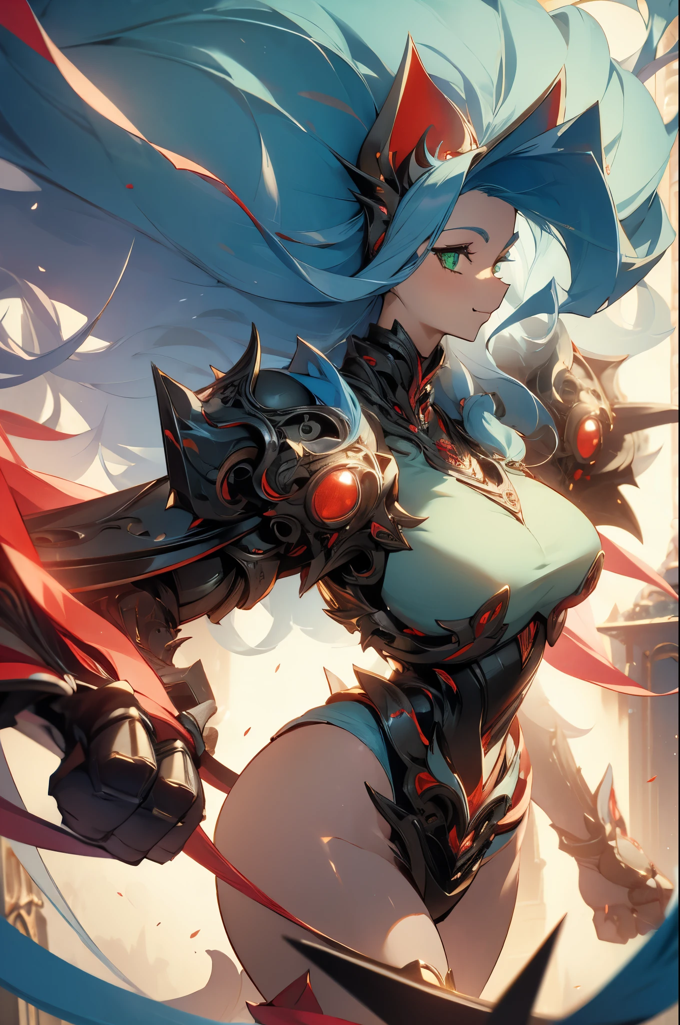 ((Masterpiece, Best Quality, anime style)), Felicia, Blue hair, Green eyes, cat eyes, Cat tail, busty, big breasts, big ass, happy, smile, (big gauntlets armors), lewd, in a fantasy city, illustration, ultra-detailed 8K, clear focus, highly detailed, professional lighting, colorful details, colors BREAK,