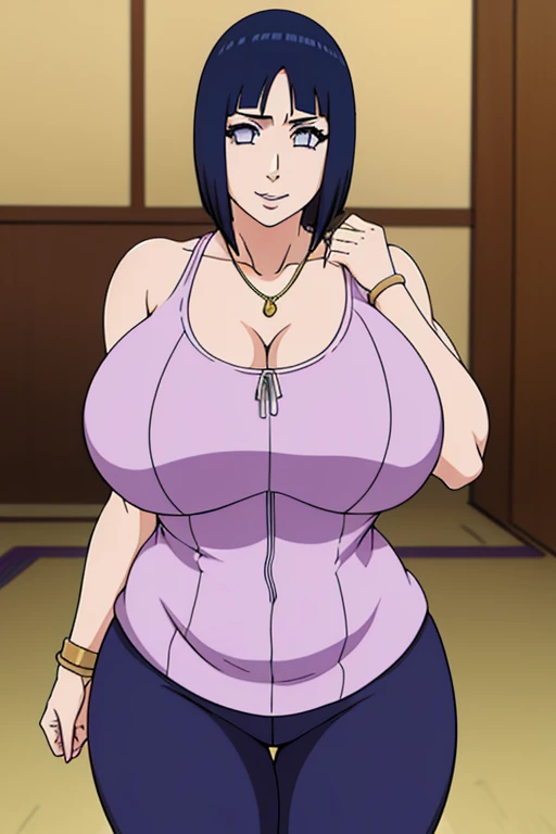 1girl, thick thighs, luxury model, putting on jewelry, Curvy figure, plump,stylish high class aesthetic, wide hips, contemporary professional makeup, eyeshadow, eyeliner, lipstick, expensive heels, tight, Tanktop with cleavage and open navel, gradient hair, dark blue hair, half ear lenght Bob undercut hair, hyuuga_hinata inoue orihime, tight blue yoga pants,  photoshoot,  (masterpiece, best quality, high quality, high detail, detailed face, detailed eyes, detailed body),Hoopa earring,Gold chain Necklace,Wedding ring,Gold bracelet,Long nail,Mature,Kumogakure symbol,Bloated belly,Soft expression,Smile,Wrinkle face