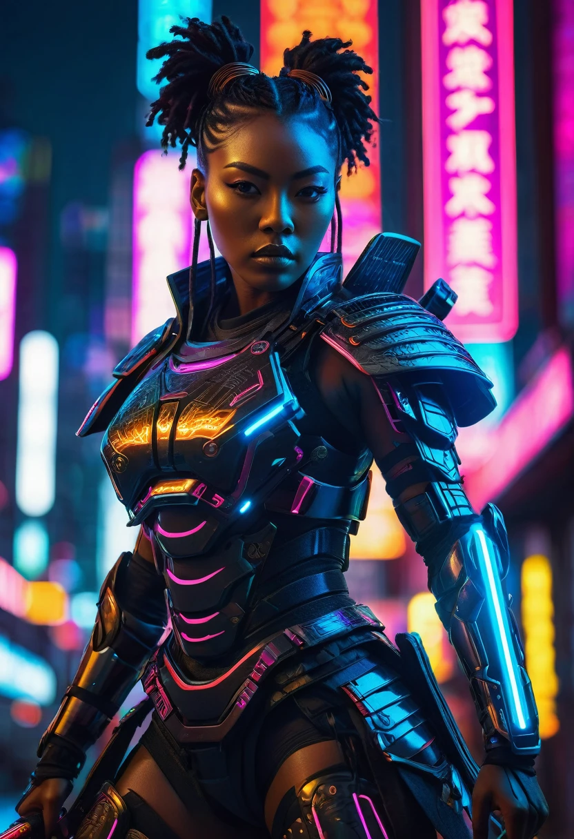 A beautiful black woman samurai, cyberpunk aesthetic, intricate futuristic armor, glowing neon cybernetic enhancements, dynamic action pose, dramatic lighting, neon cityscape background, moody color palette, cinematic composition, highly detailed, photorealistic, masterpiece