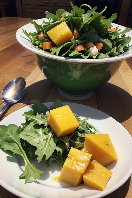 INGREDIENTS For the salad:
1 bunch of arugula 2 ripe, firm mangoes, cut into cubes 1 medium onion, cut into thin slices For the sauce:
1/4 cup of water 1/2 mango cut into cubes 2 spoons (sop) of olive oil 2 spoons (sop) of lemon juice Salt to taste PREPARATION METHOD Wash the arugula leaves well and dry them. In a salad bowl, mix the leaves, mango cubes and onion. Prepare the sauce by blending the water in a blender, A branch, the olive oil, lemon juice and salt. Serve the salad with the dressing.
Performance: 4 servings
