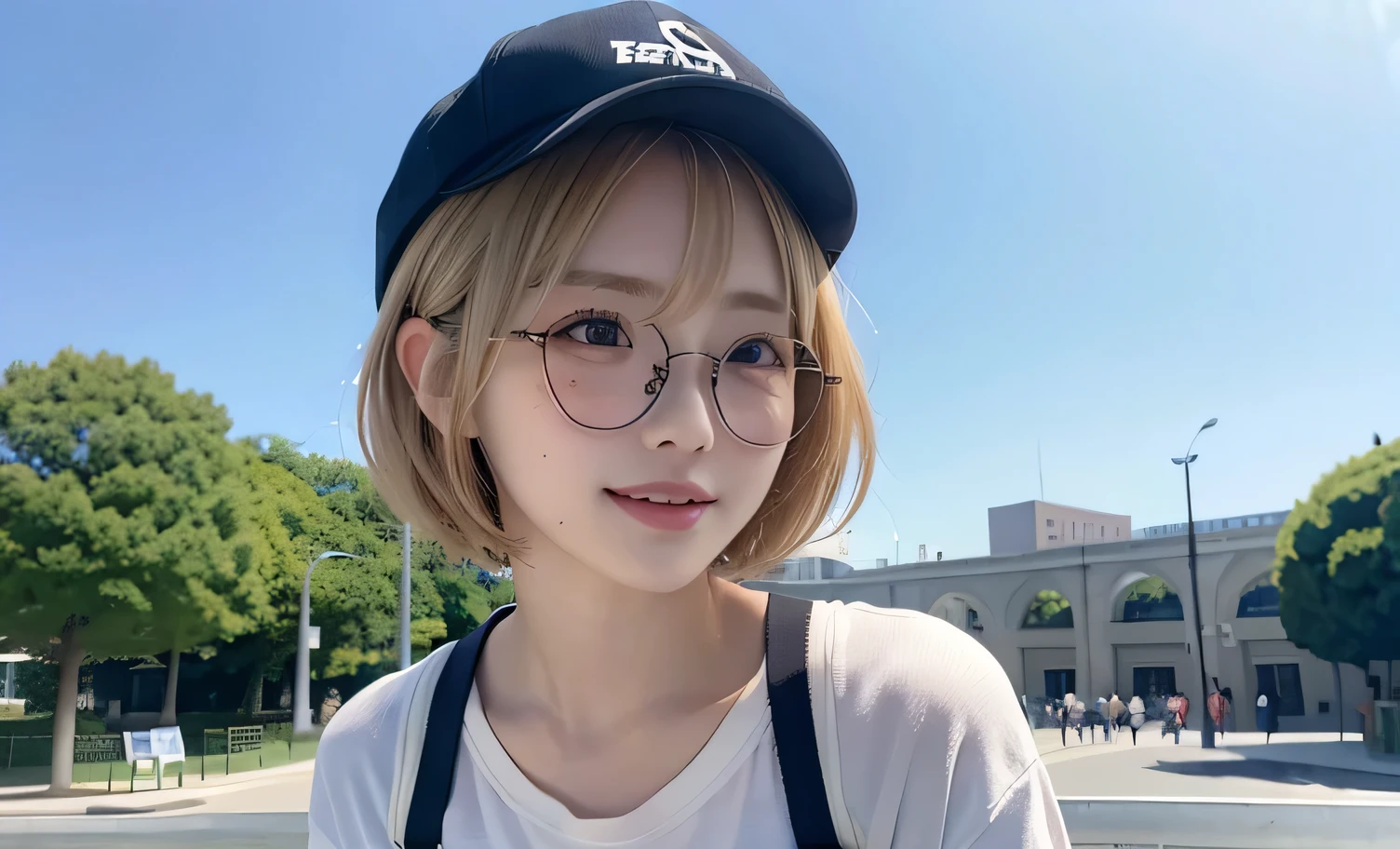 Severely sunburned skin、Japanese、((21 years old))、(highest quality,masterpiece:1.3,超A high resolution,),(Super detailed,Caustics),(Realistic:1.4,RAW shooting,)Ultra-Realistic Capture,Very detailed,High resolution 16K、 The skin texture is natural、The skin looks healthy、Use natural light and color,1 girl,,Blonde,smile,Natural Shading、short hair、Bronze Hair、Sporty clothing、cap、Glasses、Small eyes、Street Snap、黒Small eyes、Single eyelid、Tear bags、The background is a park with blue sky