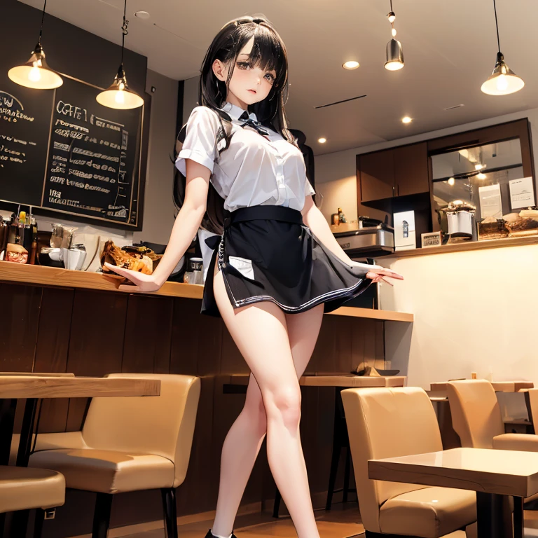 (Highest quality, 8k, masterpiece:1.3,beautiful girl), (masterpiece:1.3, Highest quality, Ultra-high resolution, Very detailed),Beautiful body, Beautiful breasts, Beautiful thighs, Beautiful legs, Beautiful fingers, Glowing Skin,(((Long Hair,Black Hair,Beautiful Hair))),(Perfect Anatomy, Anatomically correct, Very detailed肌), Cute and symmetrical face, Perfect Face, Perfect Eyes, ((Perfect Fingers, Five Fingers)), (((whole body,Draw the whole thing)))((Two Arms,Two legs)),(((Cafe, waitress,mini skirt)))