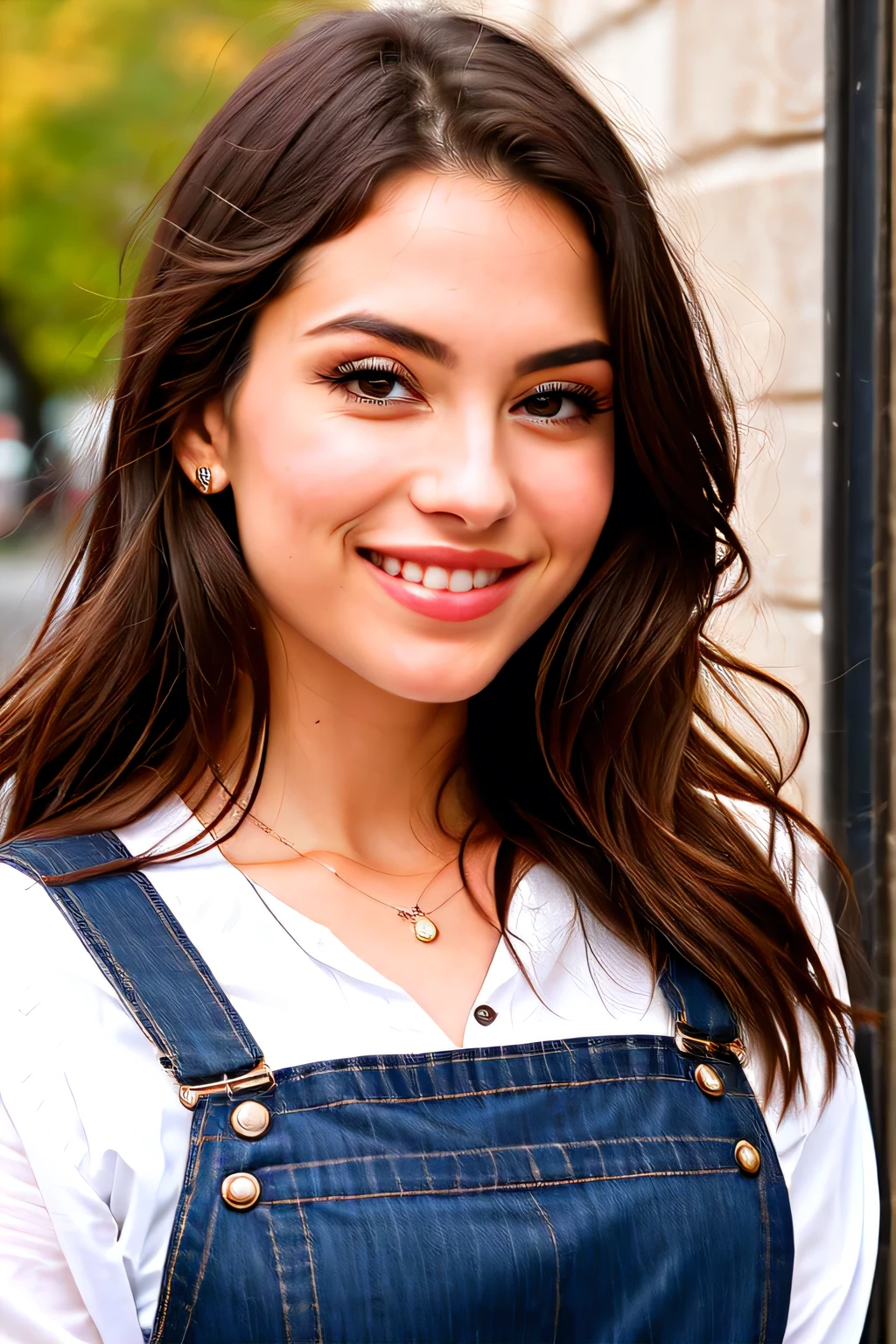 high resolution realistic photo frontal portrait of a Lydia that a stunning woman with a radiant oval face, mesmerizing honey-brown eyes, and long, flowing black hair. Her elegant style, confident demeanor, and captivating smile make her a standout. With a carefully curated wardrobe and a knack for accessorizing, she effortlessly exudes sophistication and charm. Her overall presence is magnetic and leaves a lasting impression. --ar 3:4 --iw 0.7
