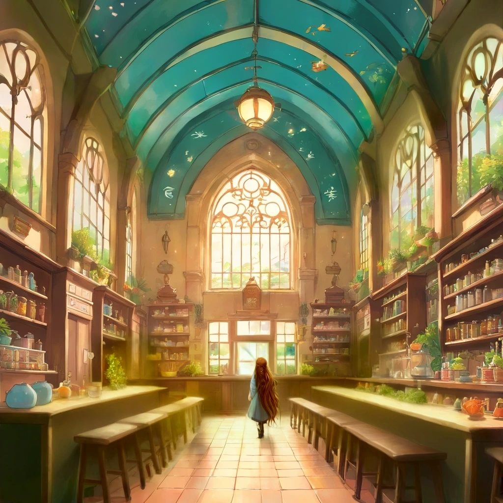 delete left person, there was only one woman with long hair and one man, add parts above with plants, add magic potions