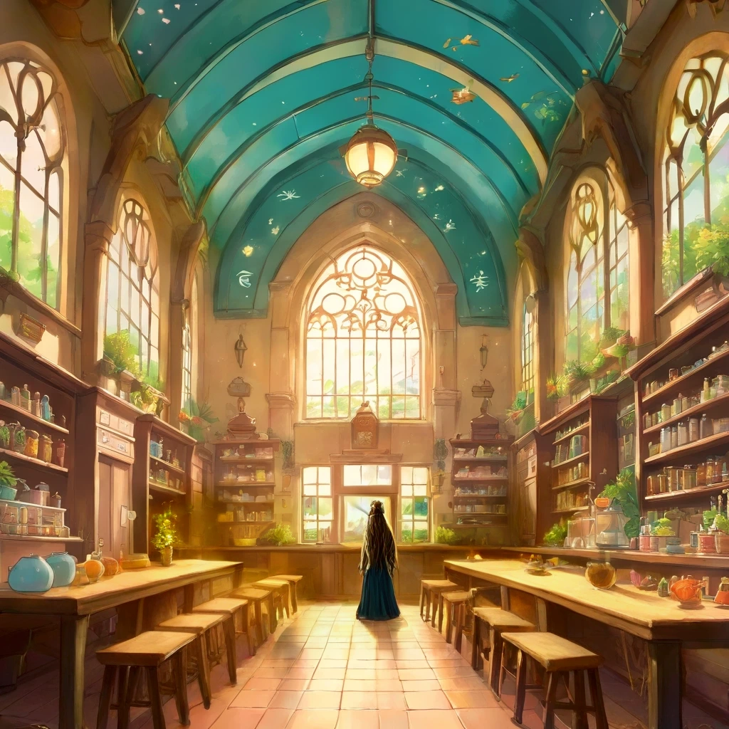 delete left person, there was only one woman with long hair and one man, add parts above with plants, add magic potions