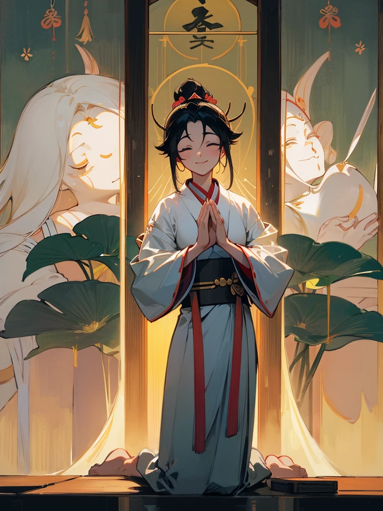Amida、Zazen、mercy、Joining hands in prayer、Black Hair 、smile、Lotus、Paradise
、Shinto-Buddhist syncretism