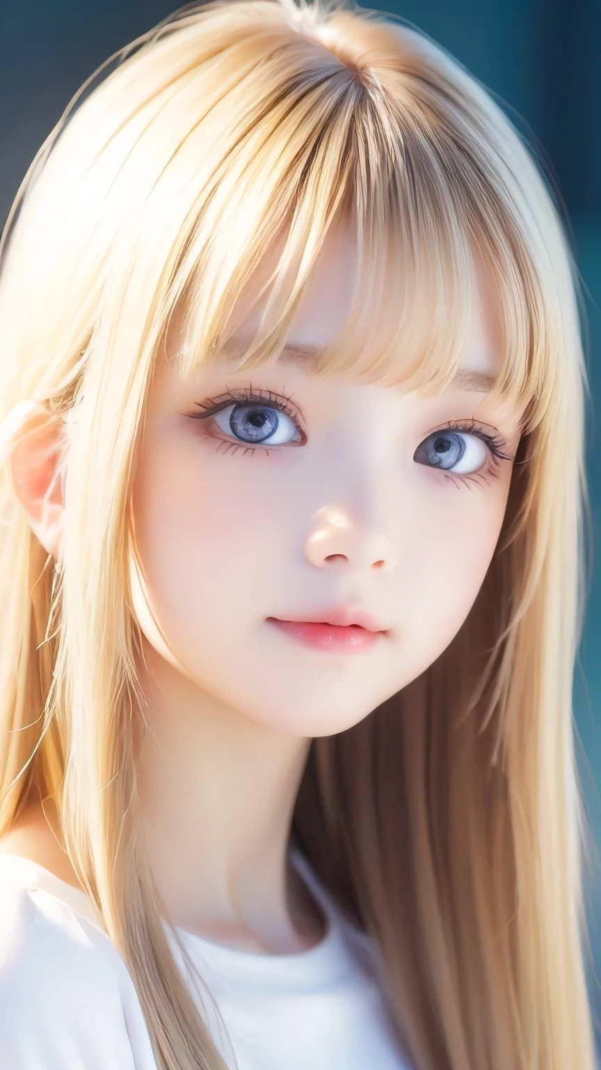 Very beautiful face、Long bangs flowing in front of the face、Beautiful pale light blue eyes hidden by her bangs、Very cute beautiful face and very radiant skin、Bangs between the eyes、snow-white beautiful skin、very beautiful pale light blue eyes,、Beautiful very long straight silky pale golden shiny natural platinum blonde hair、Cute 14 year old blonde beauty、Round face、Such a cute little face、Bright expression、Big eyes and well-defined double eyelids、eyeliner、