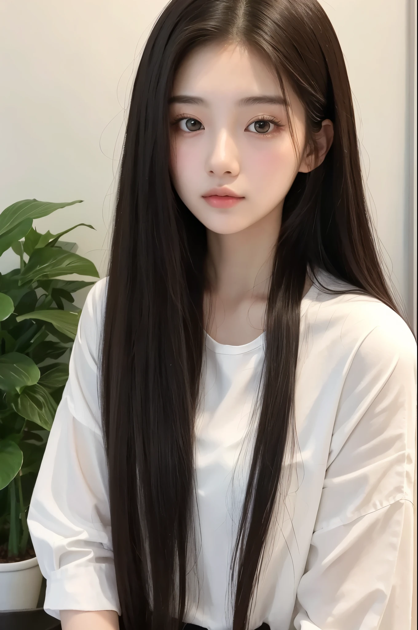 Close-up of a long-haired woman in a white shirt, 1 8 is, 18-year-old, 19-year-old girl, Chen Xintong, Korean Girls, Shishion Wu, Choi Hong-hwa, 22 years old, 21 years old, Ulzzang, Wenfei Ye, Young and pretty Asian face, lips