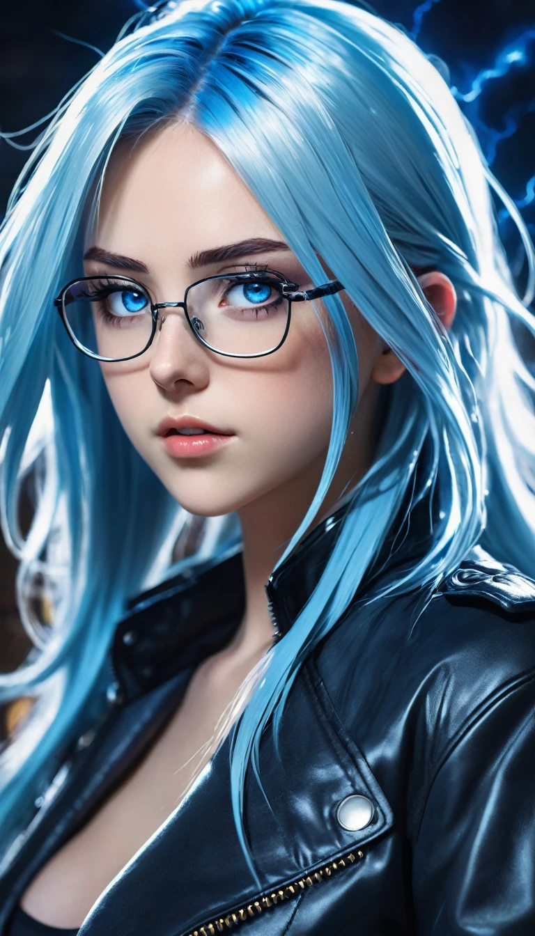 A close-up of a white woman with long blue hair and blue eyes wearing a leather jacket, anime foda 8k, 4K anime-style, com shining blue eyes, com shining blue eyes, 4k anime wallpaper, 4k anime wallpaper, 4k anime wallpaper, 4k anime art wallpaper, 8K anime art wallpaper, 4k anime art wallpaper, shining blue eyes, demon anime girl, she wears glasses, pointed chin and jaw, darkness background, lightning weather all around, close-up of the face
