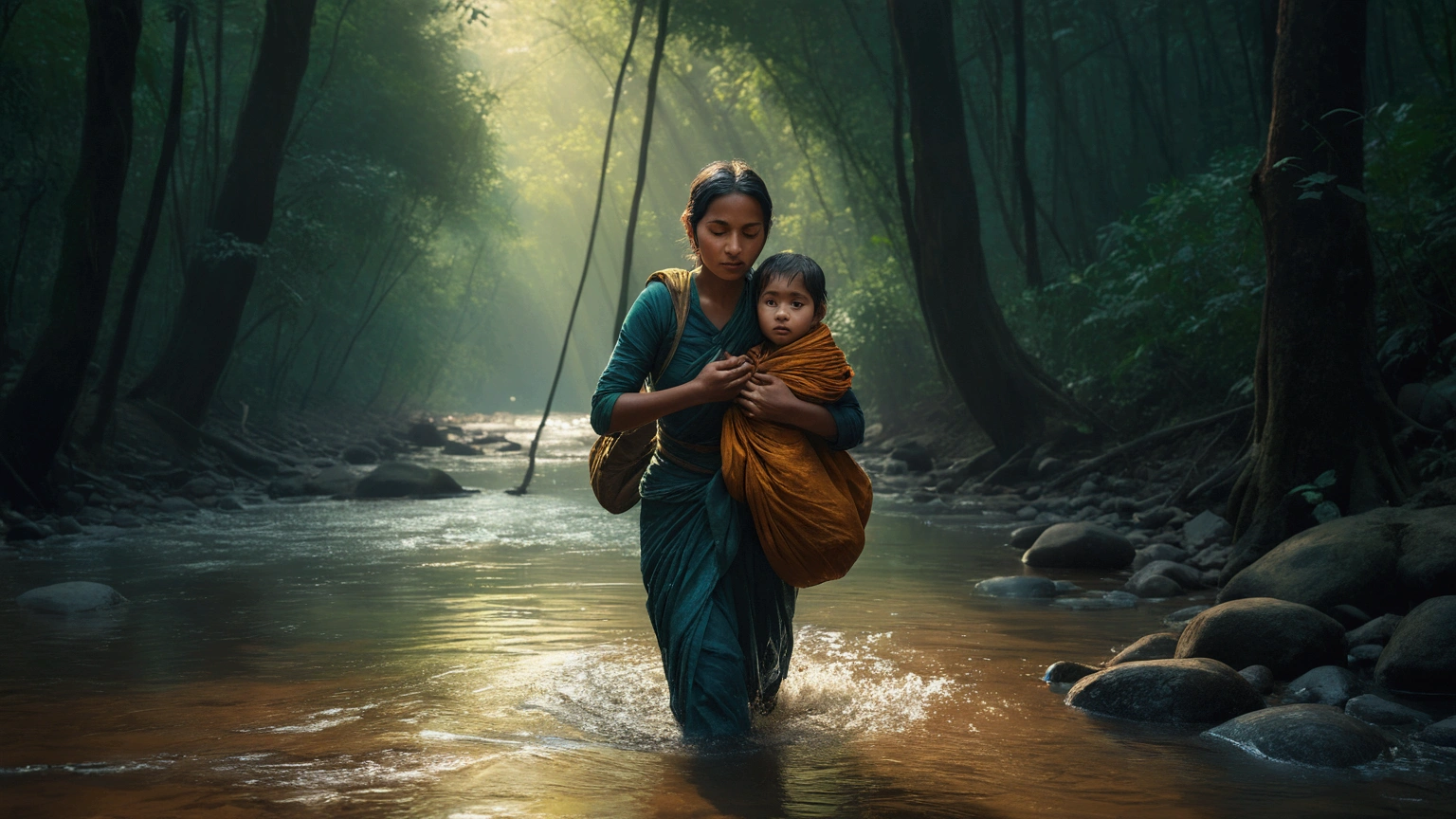 a woman carrying a  walks through a river in a forest, atey ghailan and steve mccurry, 8k award-winning photograph, 8k artistic portrait photography, 8 k film still, 8 k cinematic photography, inspired by Steve McCurry, by Ibrahim Kodra, by irakli nadar, unsplash contest winning photo, cinematic photograph concept art